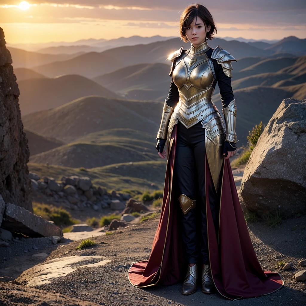 (((full body photo))) female, short hair, portret, armour, high quality, rich, sunset
