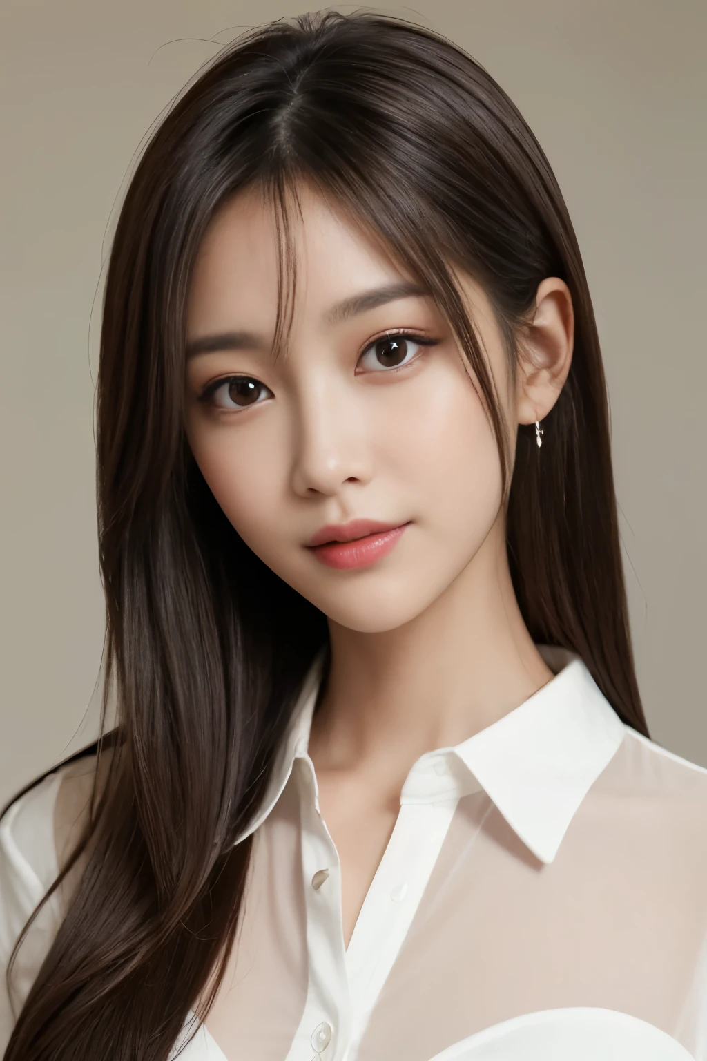 table top、highest quality、real、Super detailed、finely、High resolution、8k wallpaper、one beautiful woman、、light brown messy hair、He is wearing a black see-through dress shirt with an open collar、sharp focus、perfect dynamic composition、beautiful detailed eyes、thin hair、詳細なrealな肌の質感、smile、close up portrait、model body shape