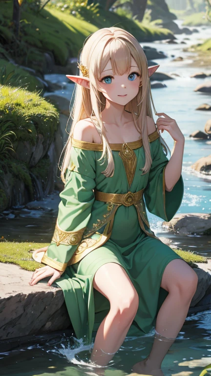  (masterpiece), best quality, expressive eyes, perfect face,
A girl, elf ears, green robes, gold trim, gold embroidery, a stream, sitting on a rock, surrounded by very small fairies, smiling at me, extending her right hand.