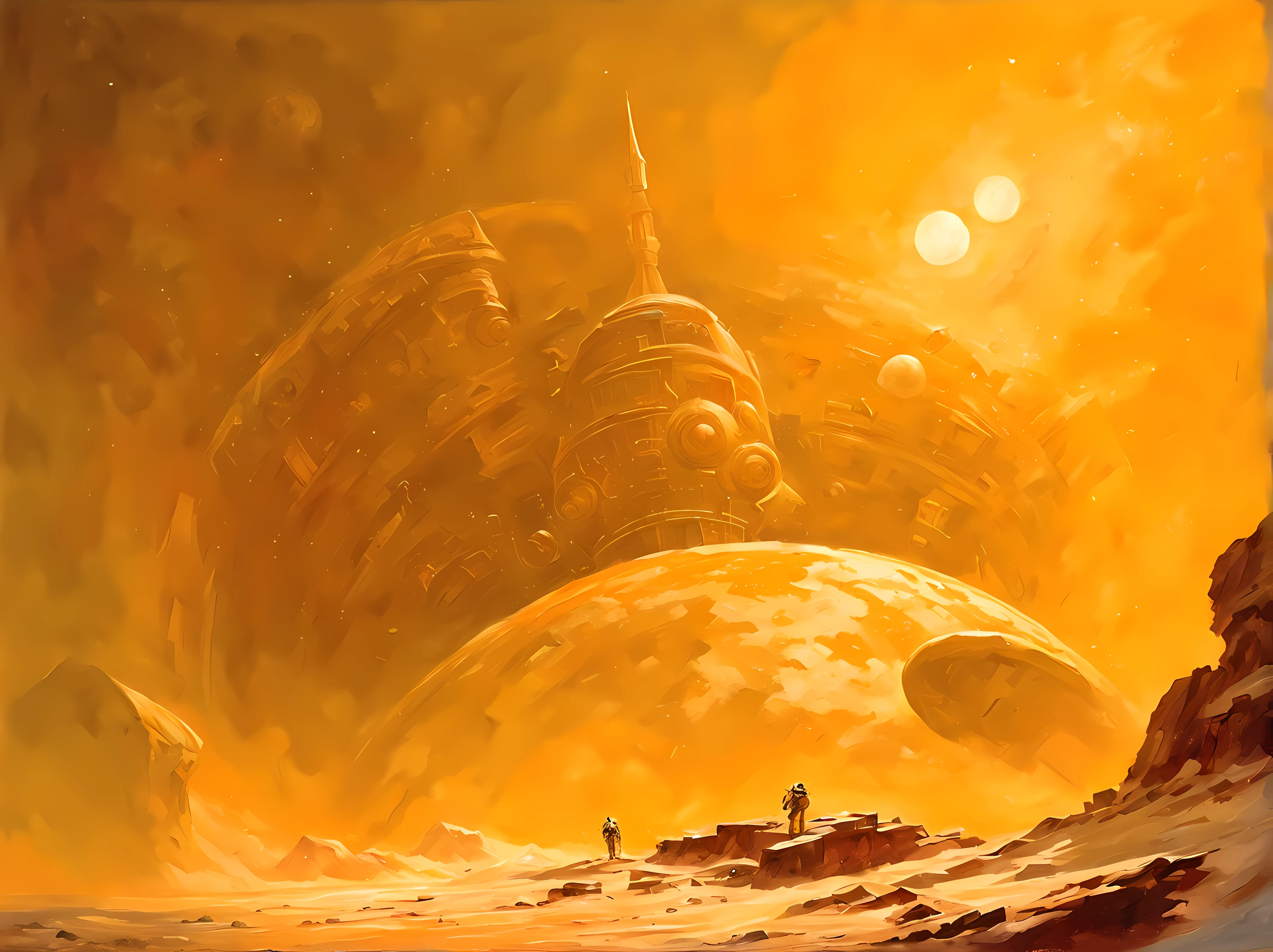 oil painting soviet si-fi spacepunk Soviet cosmonauts and archaeologists are studying the dust-covered ruins of an unknown civilization they found on the atmospheric moon of Jupiter, covered with dust and craters Watercolor, trending on ArtStation, Sharp Focus, studio photo, complex parts, very detailed, Greg Rutkowski, more details XL, hyper detailed, Realistic, oil painting, by Julie Bell, by Frank Frazetta, cinematic lighting