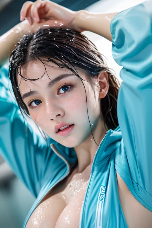 Highly detailed CG Unity 8k wallpaper, top quality, super detailed, masterpiece, realistic, photorealistic, highly detailed cute girl, (20 years old), pool, (hands over the head:1.1), (wet clothes:1.1), ultra-detailed face, highly detailed lips, detailed eyes, double eyelids, swimming race suit, (gigantic breasts:1.2), semi-body shot, blush