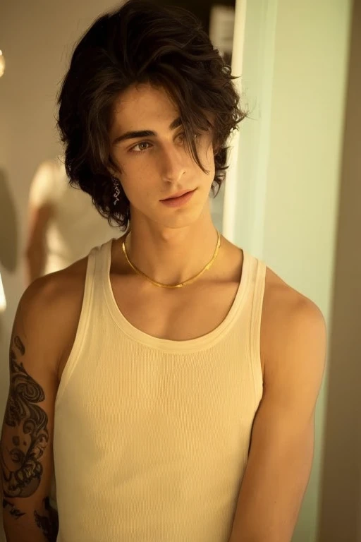 arafed man with a tattoo on his arm of lilies and a man in the background, beautiful androgynous prince, delicate androgynous prince, beautiful androgynous girl, androgynous person, androgynous male, androgynous face, attractive androgynous humanoid, androgynous, portrait androgynous girl, androgyny, Timothée Chalamet
