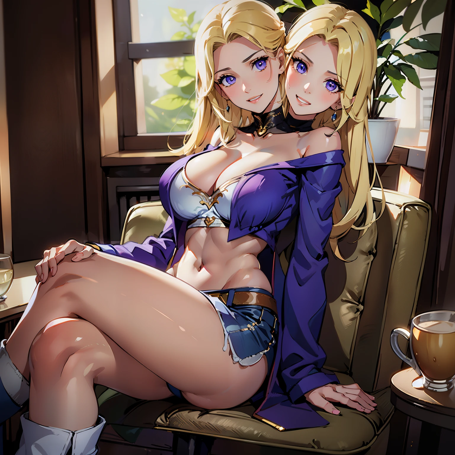 best quality, (masterpiece),(ultra-detailed), (high quality), (high resolution), (2heads:1.5) blonde hair, brown hair (larger breasts), cleavage, best quality:1.5, highres, UHD, 4K), smiling, ((purple blazer over a white crop top)), blue jeans, wearing heeled boots, (detailed glowing blue eyes), (mature woman), casual dress, sexy proportions, (exposed midriff), thighs, Beautiful girl with accentuated slender abs, eyeshadow