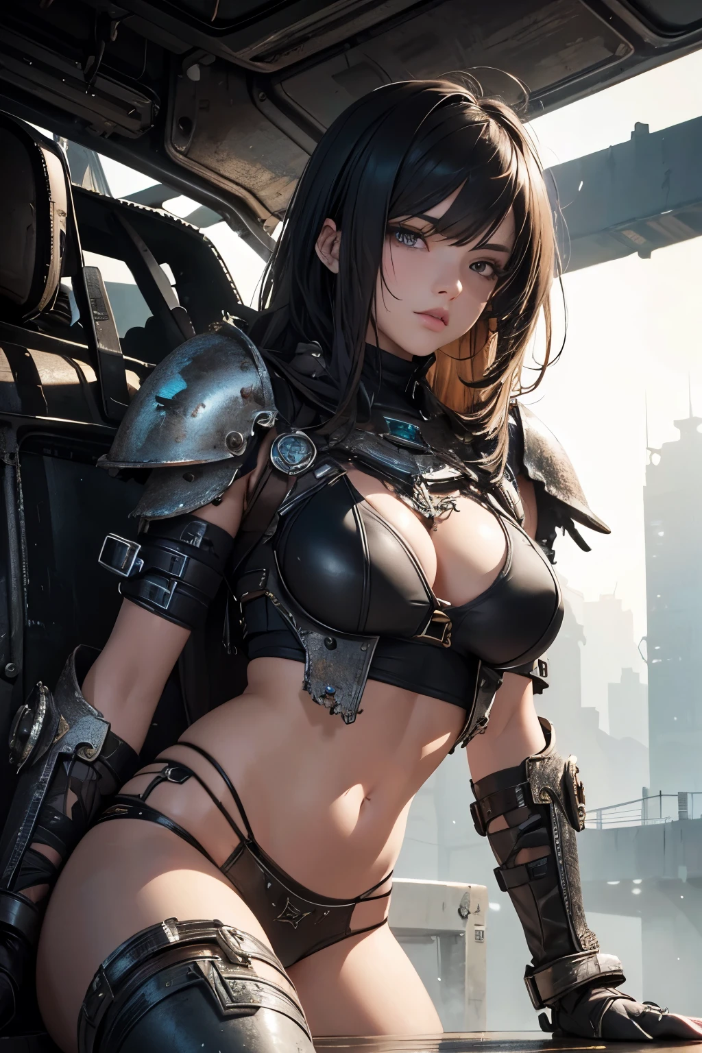 Beautiful Alluring Female Dystopian Knight jenna ortega, oily gritty Skin, Athletic Well Toned Body, Rusty Scrap Metal Ornaments, dirty worn out leather jacket, bikini armor made of car parts and scrap metal, Dystopianpunk Theme, Dieselpunk, laying on top of a car, Beautiful D&D Character Portrait, Beautiful Face, Ominous, Dark Fantasy, Fiverr Dnd Character, Octane Render, Digital Art, Extreme Detail, 4k, Ultra Hd, Polished, Beautiful, Hyperdetailed, Intricate, Elaborate, Meticulous, Photorealistic, Sharp Focus, Wlop, Character Design, Unreal Engine, 3d Rendered, Volumetric Lighting, Reflections, Glossy, Digital Illustration, Pose, Suggestive Pose, Full Body Shot, underboob, 💖❤💕💋❣
