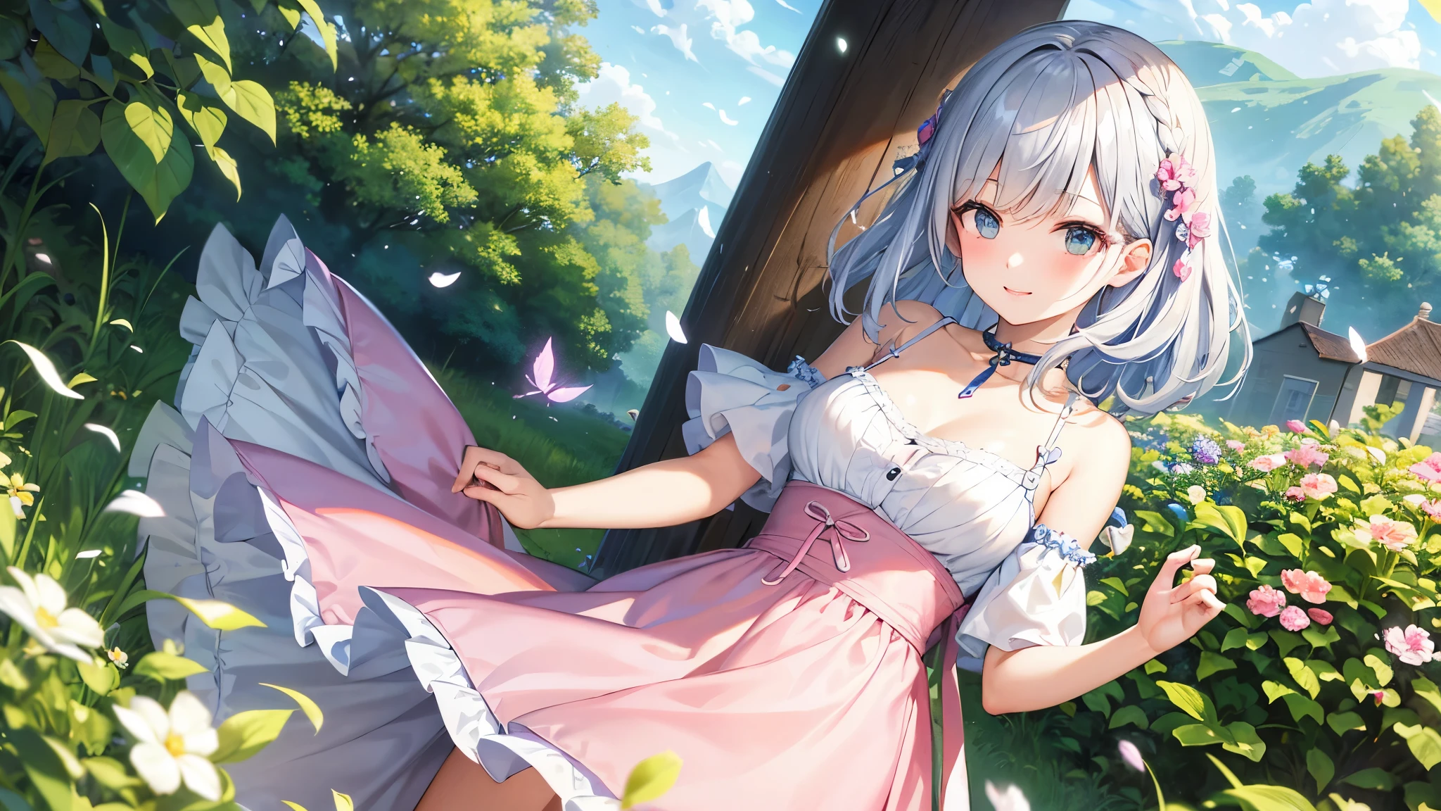 (highest quality、1.2、masterpiece:1.2)、Super detailed、real、HDR、UHD、professional、Portrait、fine art、anime、concept artist、colorful、(Lower school year of primary school)、bob haircut、medium long hair、Silver hair、sweet smile、((nipple))、beauty of nature、Surrounded by wildflowers in a meadow、enjoying the warm sunshine、A breeze rustling the air、adorable hair accessories、white shirt、pink skirt、playful atmosphere、Butterflies and birds fluttering around her、add a little whimsy