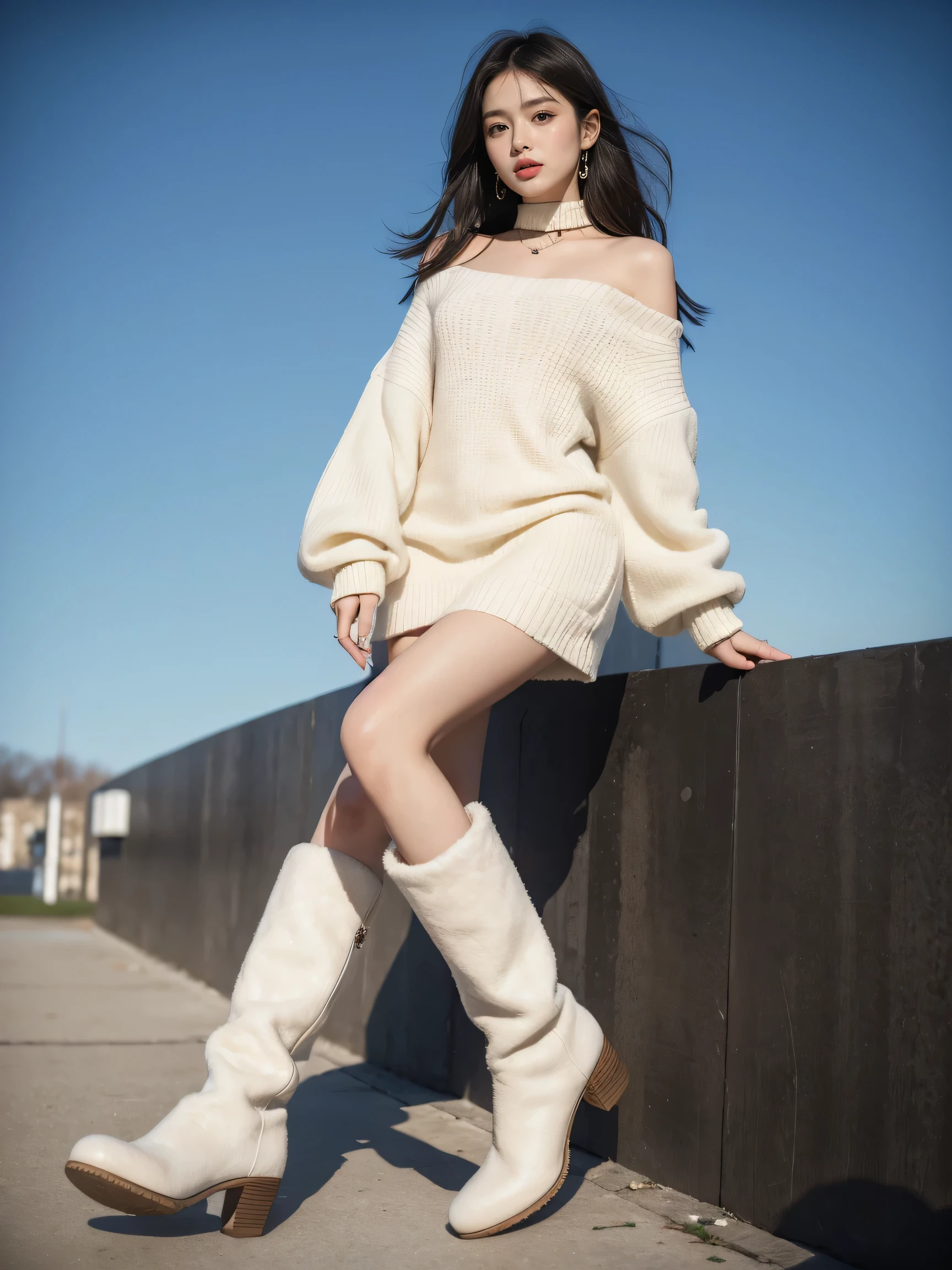 best quality,masterpiece,ultra high resolution,(actual:1.4),original photo,ultra high definition，8K，there is a girl，Chanel style dress，Winter，boots，Confident and beautiful，Gentle temperament，whole body，street，long legs