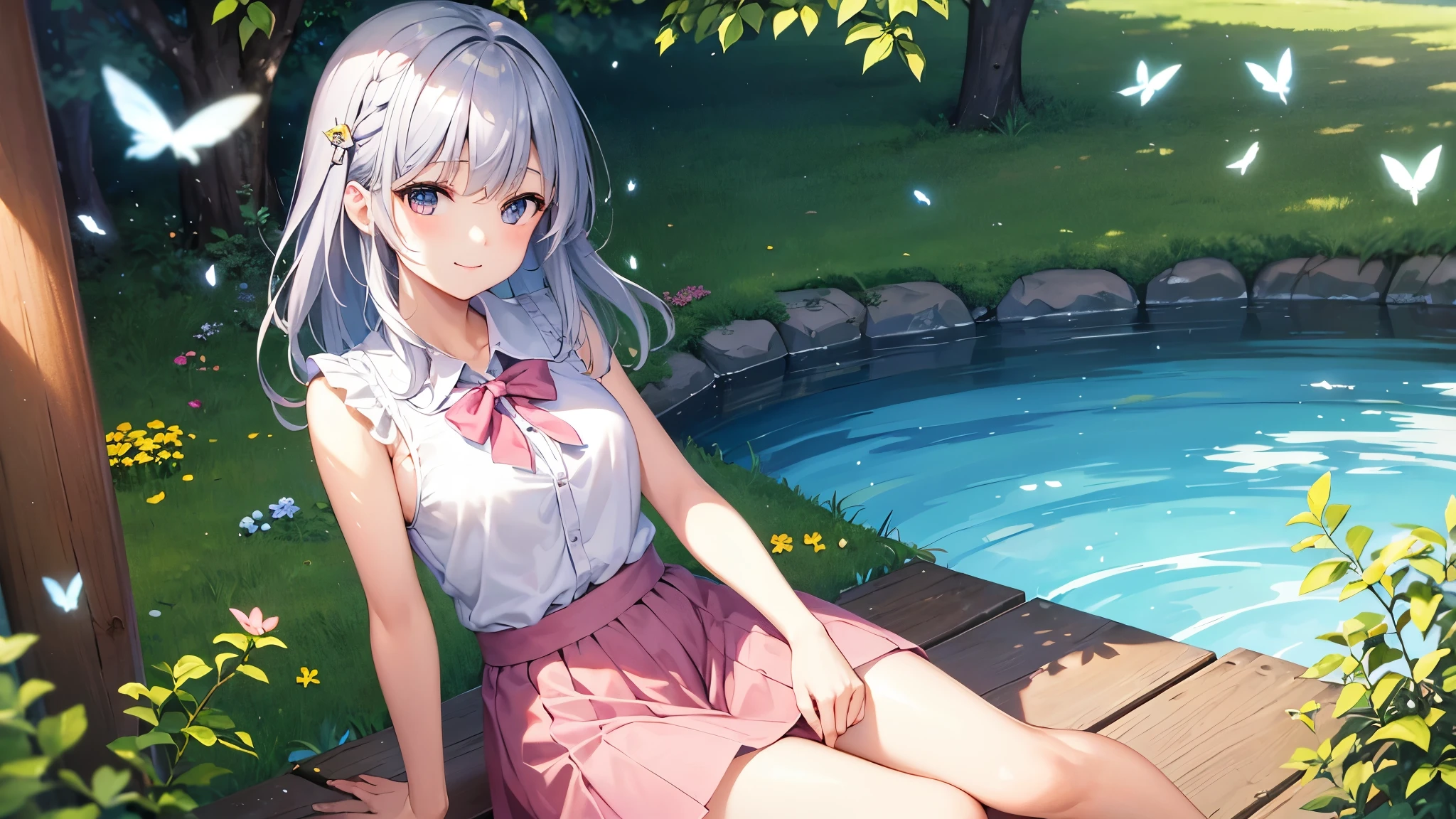 (highest quality、1.2、masterpiece:1.2)、Super detailed、real、HDR、UHD、professional、Portrait、fine art、anime、concept artist、colorful、(Lower school year of primary school)、bob haircut、medium long hair、Silver hair、sweet smile、((nipple))、beauty of nature、Surrounded by wildflowers in a meadow、enjoying the warm sunshine、A breeze rustling the air、adorable hair accessories、white shirt、pink skirt、playful atmosphere、Butterflies and birds fluttering around her、add a little whimsy