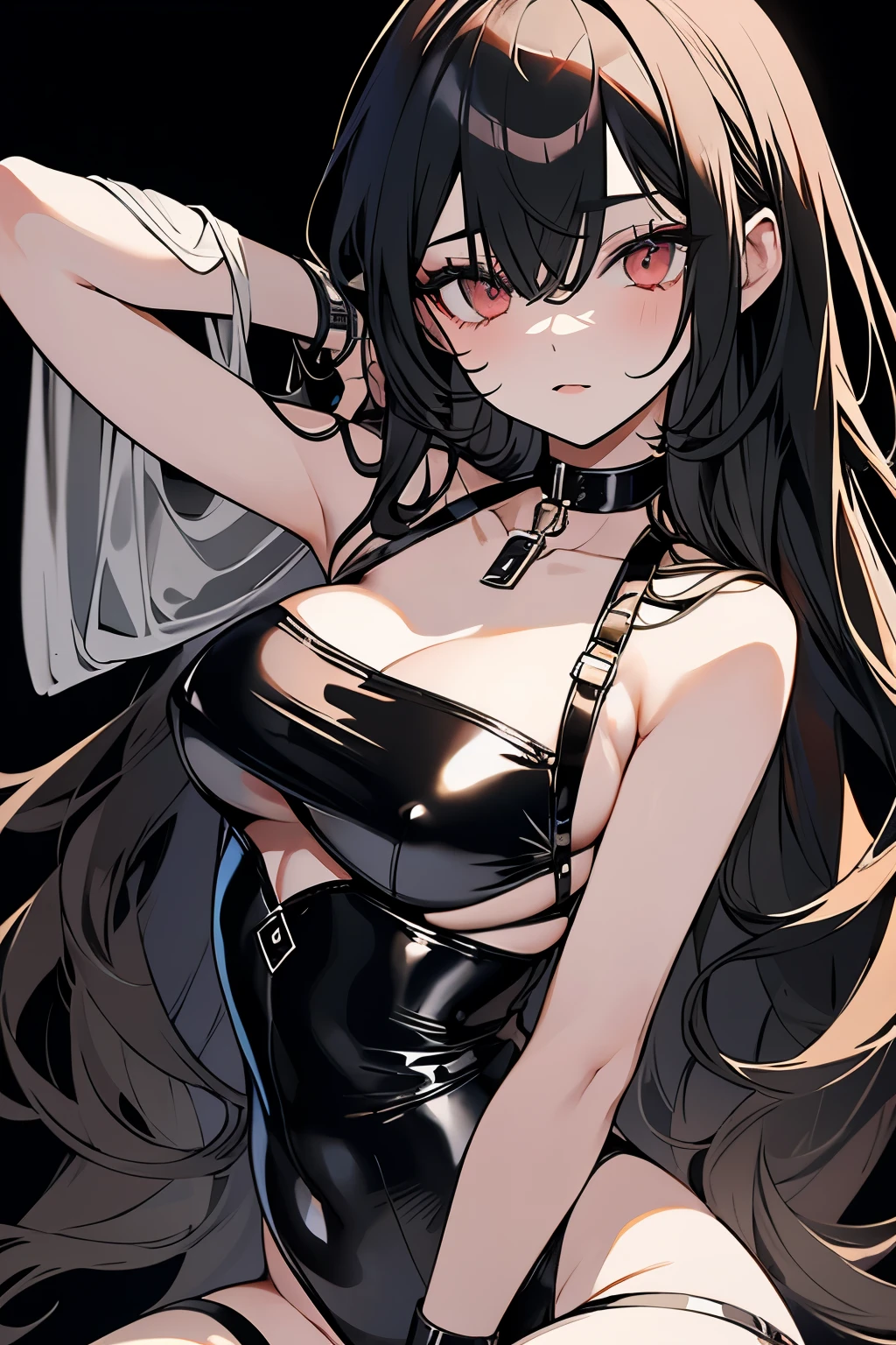 (seductive,slut,Addicted, Enjoy, pornographic, Pleading, expressioness), frowned, Eyes slightly open, highly detailed facial and skin textures, delicated face, Detailed eyes, 二重まぶた, The eyelids are slender, Small nose, Small mouth, Thin lips, long whitr hair, Willow eyebrows, BDSM, Slave character, Wrap latex clothing, black corset, shackle, collars, ((best qualtiy, tmasterpiece:1.3))), Clear focus:1.2, (layer cut, The large:1.2), (huge tit), Beauty with a perfect body: 1.4, Slender abs:1.2, Moist body:1.5, Full body photo, Delicate light and shadow expression, torogao, naughty face, chiaroscuro, 8k, textured skin, super detail