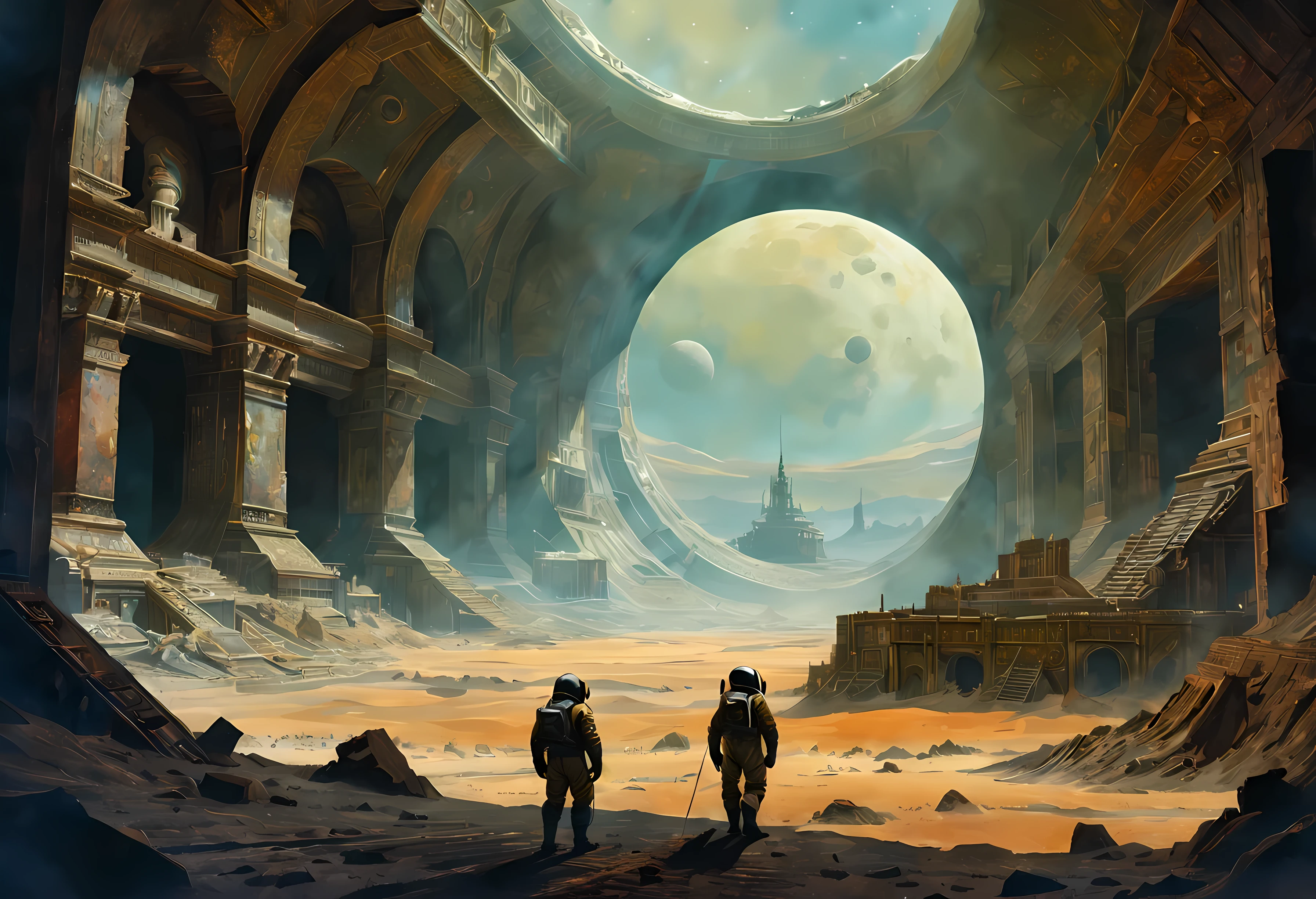  Soviet sci-fi space punk Soviet cosmonauts and archaeologists study the dust-covered ruins of an unknown civilization, found by them on the atmospheric satellite of Jupiter, covered with dust and craters Watercolor, trending on ArtStation, Sharp Focus, studio photo, complex parts, very detailed, Greg Rutkowski, more details XL, hyper detailed, Realistic, oil painting, by Julie Bell, by Frank Frazetta, cinematic lighting