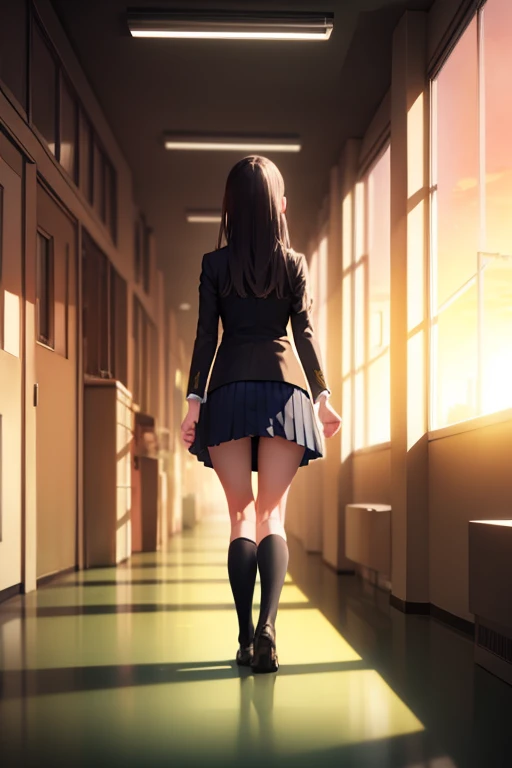 1 girl, school hallway, school uniform, from behind, walking away, sunset,, masterpiece, highest quality, very detailed