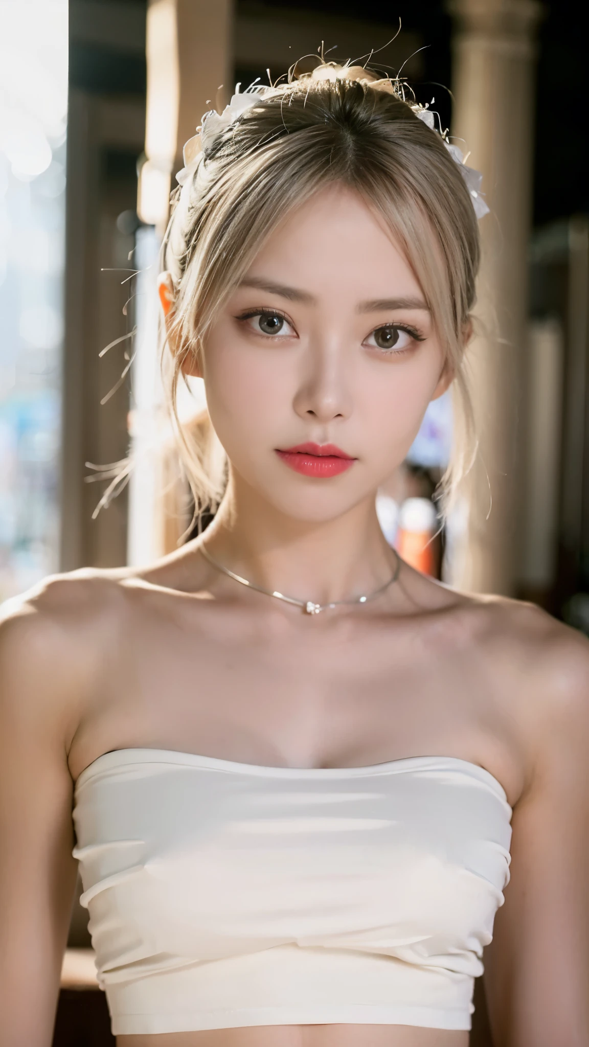 araffe woman sitting on a bench in a white dress, wear cute tops, tube top dress, wearing sexy crop tops, sexy dress, smooth white tight clothing suit, V-chest open clothes, look ahead seductively, bralette, revealing clothes, open dress, fascinating and charming, white skirt and bare chest