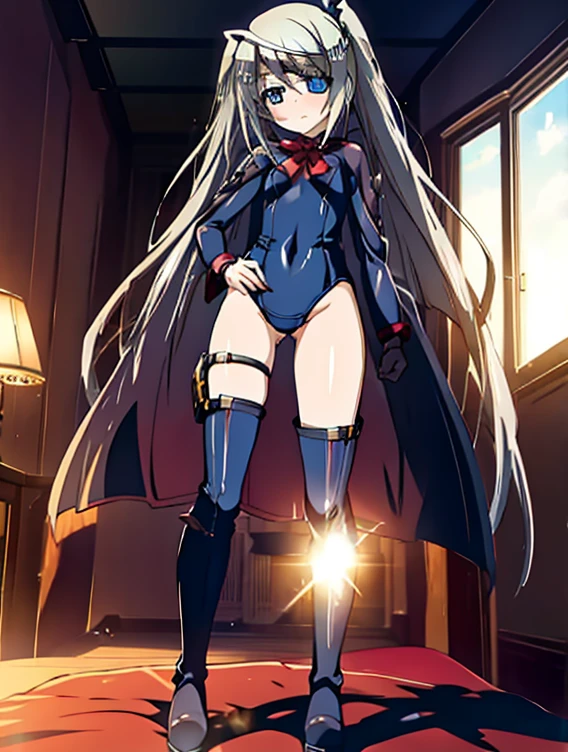 highest quality,sleep on your back in bed，Crab crotch，show me your boots，thigh high boots，leotardチラ見せ，glove，elegant, 1 girl, leotard，body suit，cute, blushed, looking at the viewer, from below, prison，blue eyes, beautiful eyes, beautiful background, particles of light, Light of the sun, dramatic lighting, outside, shiny, realistic, table top, highest quality, Super detailed, get used to it, scenery, beautiful and detailed eyes, thin hair，full body shot，