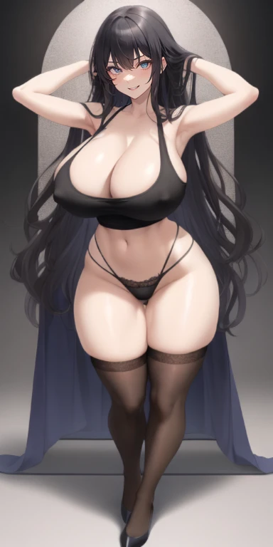 (masterpiece), expressive eyes, best quality,perfect face 8k, best quality, real picture, intricate details, ultra-detailed, ultra highres, depth field,sexy,(photorealistic,realistic:1.2),masterpiece, straight-on shot, dutch angle, 1girl, an extremely beautiful , innocent big eyes, (Black_hair), (Brown_eyes:1.0),Curly hair,Single hair bun,braided bun,hair_bun,Messy bun,perfect shiny skin, flawless skin, fair skin, light blush, solo, looking at viewer, evil smile,Black Tank Top,Sleeveless,Black_Thighhighs, black thong panties,Garter strap,Black_Gloves,earrings,high heels,(gravure pose :1.1), sunset, classroom ,(seductive smile, jagged expression, evil expression)), (Beautiful,huge_Breasts:1.3),G cup, (beautiful face:1.5),(narrow waist),(huge ass :1.3),(slender body:1.2),thick thighs,cleavage, collarbone,midriff, Beautiful Navel,mature body, Partially visible vulva,Perky_breasts,Bursting_breast,(detailed black tank top),expressive eyes,perfect eyes, (beautiful eyes), (dazzling pupils), (amazing irises), (perfect eyes), perfect anatomy ,no mistakes,1girl,slim waist,wide hips,curly,standing, slim legs, unaligned breasts,slim legs,glossy hair, glossy skin, glossy eyes, detailed hair,standing, full-body,cowboy shot, proportional huge breasts, perfect face, perfect eyes, perfect noise,thigh,(((Beautiful thighs and legs that are very supple and chewy))),perfect composition, perfect anatomy,Beautiful long legs,Beautiful body,Beautiful Nose,Beautiful character design,