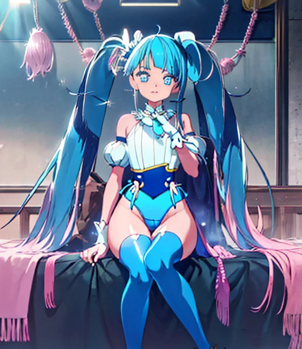 highest quality, blue_hair, blue_eyes, long_hair, twintails, magical_girl, bangs, open_mouth, pink_hair, multicolored_hair，sleep on your back in bed，Crab crotch，show me your boots，thigh high boots，Leotard sneak peek，glove，elegant, 1 girl, cute, blushed, looking at the viewer, from below, prison，blue eyes, beautiful eyes, beautiful background, particles of light, Light of the sun, dramatic lighting, outside, shiny, realistic, table top, highest quality, Super detailed, get used to it, scenery, beautiful and detailed eyes, thin hair，full body shot，