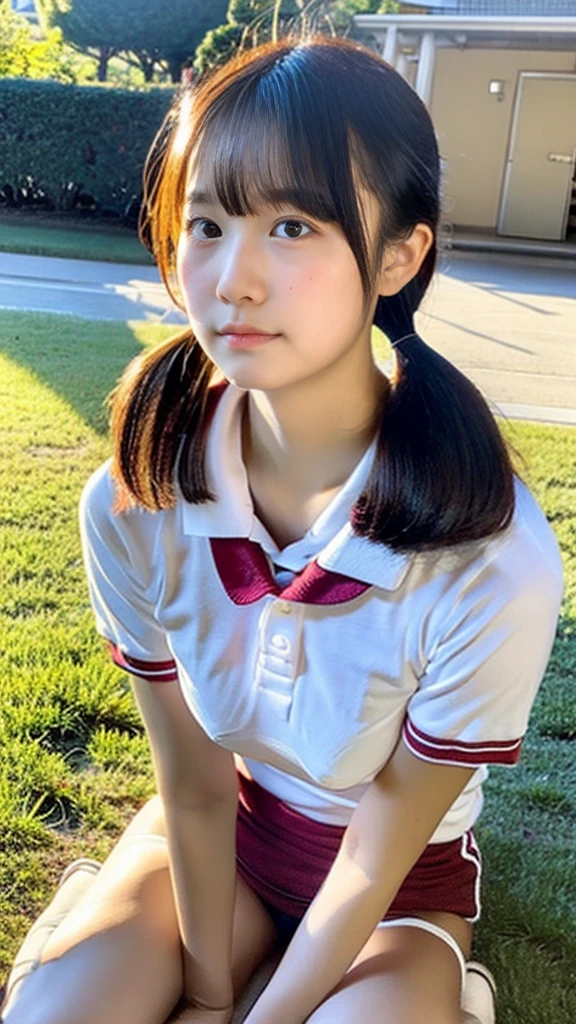 かわいい 高さ100 cm, 日本の女の子, 小学生,黒い短い双子の髪,ブルマー,勃起乳首,超詳細,現実的,ポートレート - SeaArt AI