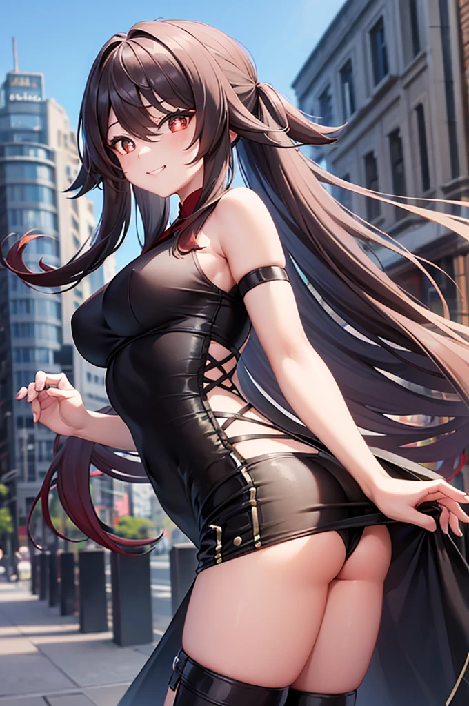 Hu Tao, 1girl, solo, long hair, looking at viewer, smile, breasts, city background, butt, bare shoulders, teeth, tight shirt, short sleeves, closed mouth, black t-shirt,portrait, shorts, skin tight outfit, seductive, realistic, best quality, masterpiece, ultra detail, ultra high res, extreme detail, 8k