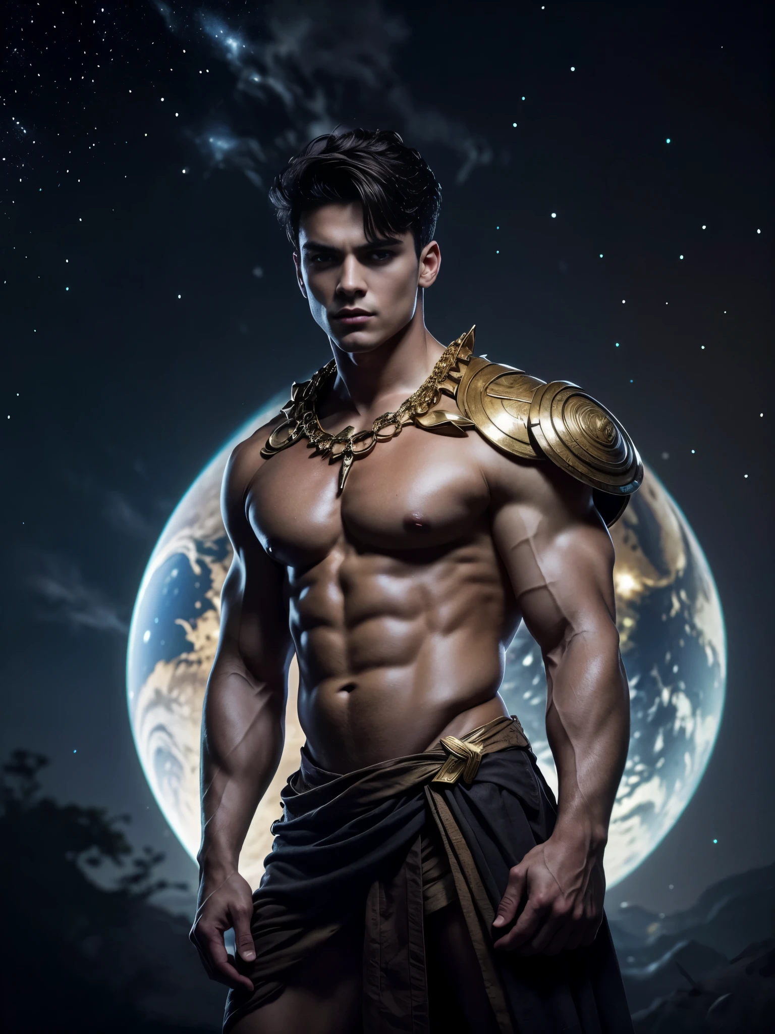 Photorealistic, ((best quality)), ((masterpiece)), (detailed), solo, 1man, kneeling, ancient mythology, greek mythology , he is Atlas, the titan carrying the world Earth, massive planet Earth on his shoulders, he is struggling to hold the world Earth world on his shoulders, he is carrying the planet Earth on his shoulders, the Earth is on his shoulders, dark fantasy scene, dark fantasy photography, 1boy, 8k, high detailed, ultra-detailed, Stylish Pose, real skin texture, dark cinematic lighting, 18-year-old male model, handsome, tall, cute looking, evil look, dark look, powerful, a young male handsome model, super strong, muscular, fit, massive muscles, six pack, clean shave, blue eyes. short messy brown hair, messy hair, ancient linen Greek small skirt, linen antique draped cloth skirt, ancient outerspace, constellation, galaxies, stars in the background (dark background:1.6)