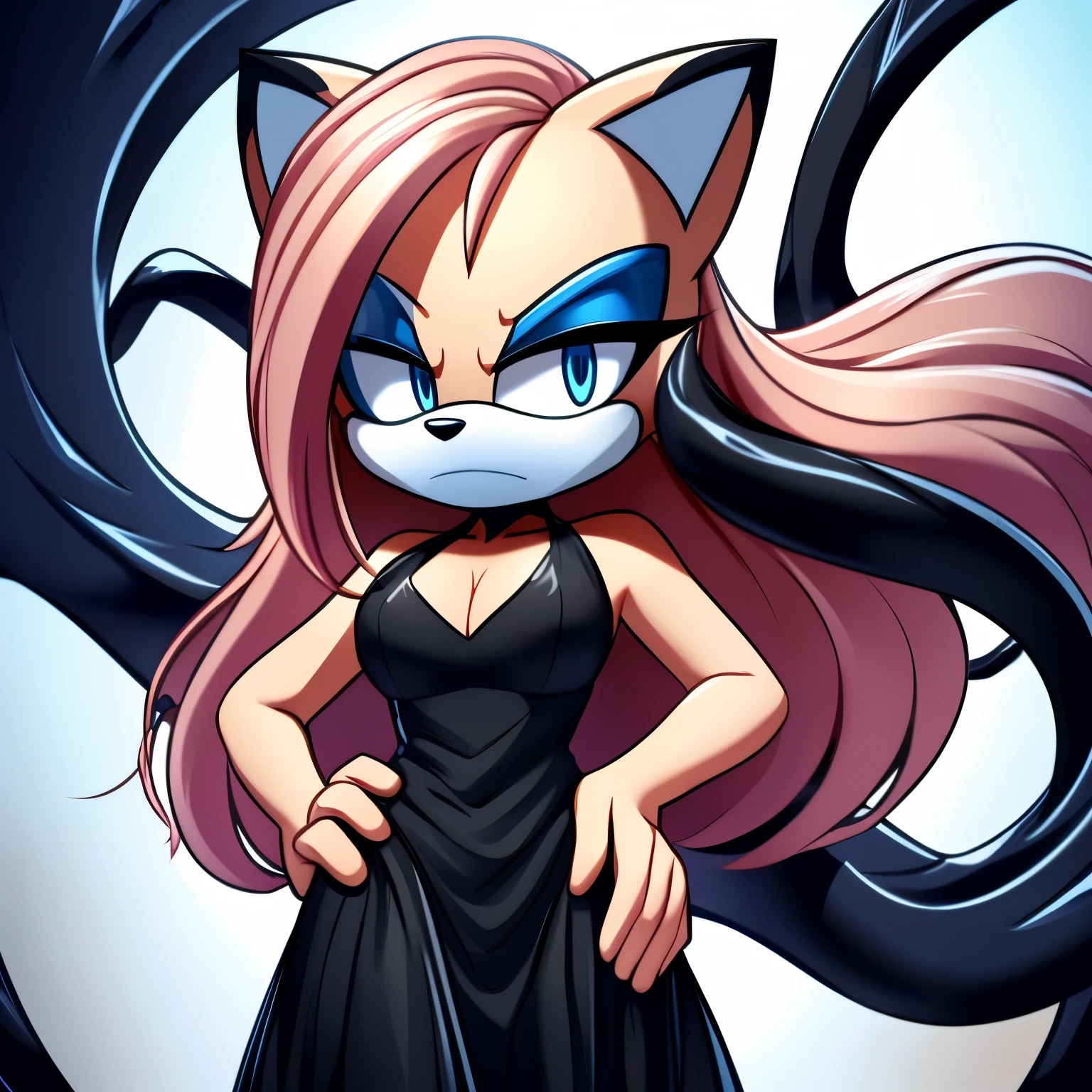 Female, Mobian, Fox, pinkish beige fur, tan muzzle, VERY long hair, blue eyes, blue makeup, serious expression, one hand on hip, venom Symbiote like black dress
