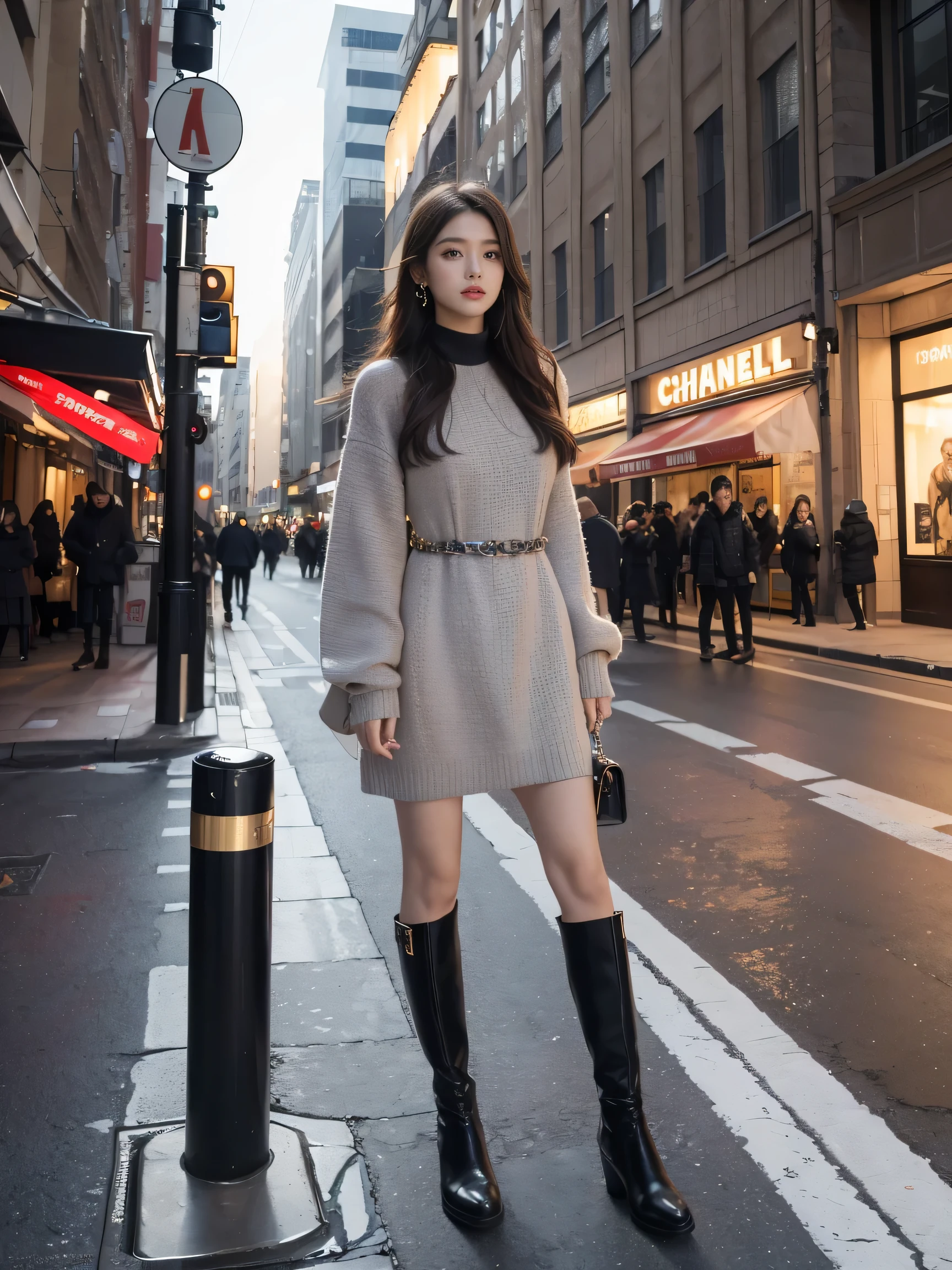 best quality,masterpiece,ultra high resolution,(actual:1.4),original photo,ultra high definition，8K，there is a girl，Chanel style dress，Winter，boots，Confident and beautiful，Gentle temperament，whole body，street，long legs