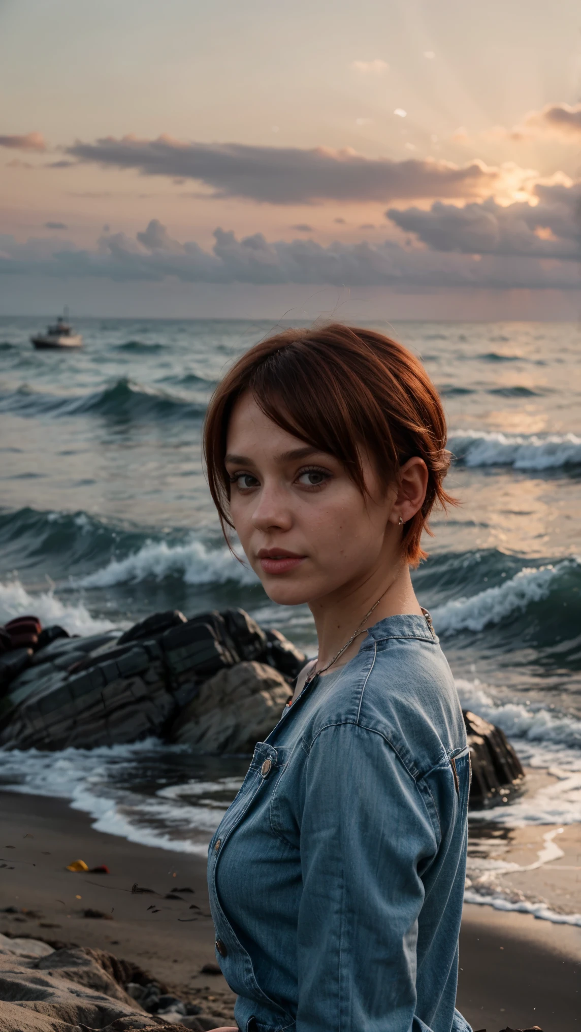 (perfect lighting, Perspectiva perfeita, 8k raw,Russian girl, Russian traits, natural red hair,1girl, maxilar bonito, Alto detalhado, peitos perfeitos, realistic, 8k raw,rosto detalhado, Red hair, olhando para o espectador, jewelry, (franja) sardas (olhos azuis) cabelo curto, corpo inteiro, short hair style, short red hair style) pier, praia, pessoas, por do Sol, Denim overalls, rollercoaster, rollercoaster, sunset on the water, Santa Monica Pier,