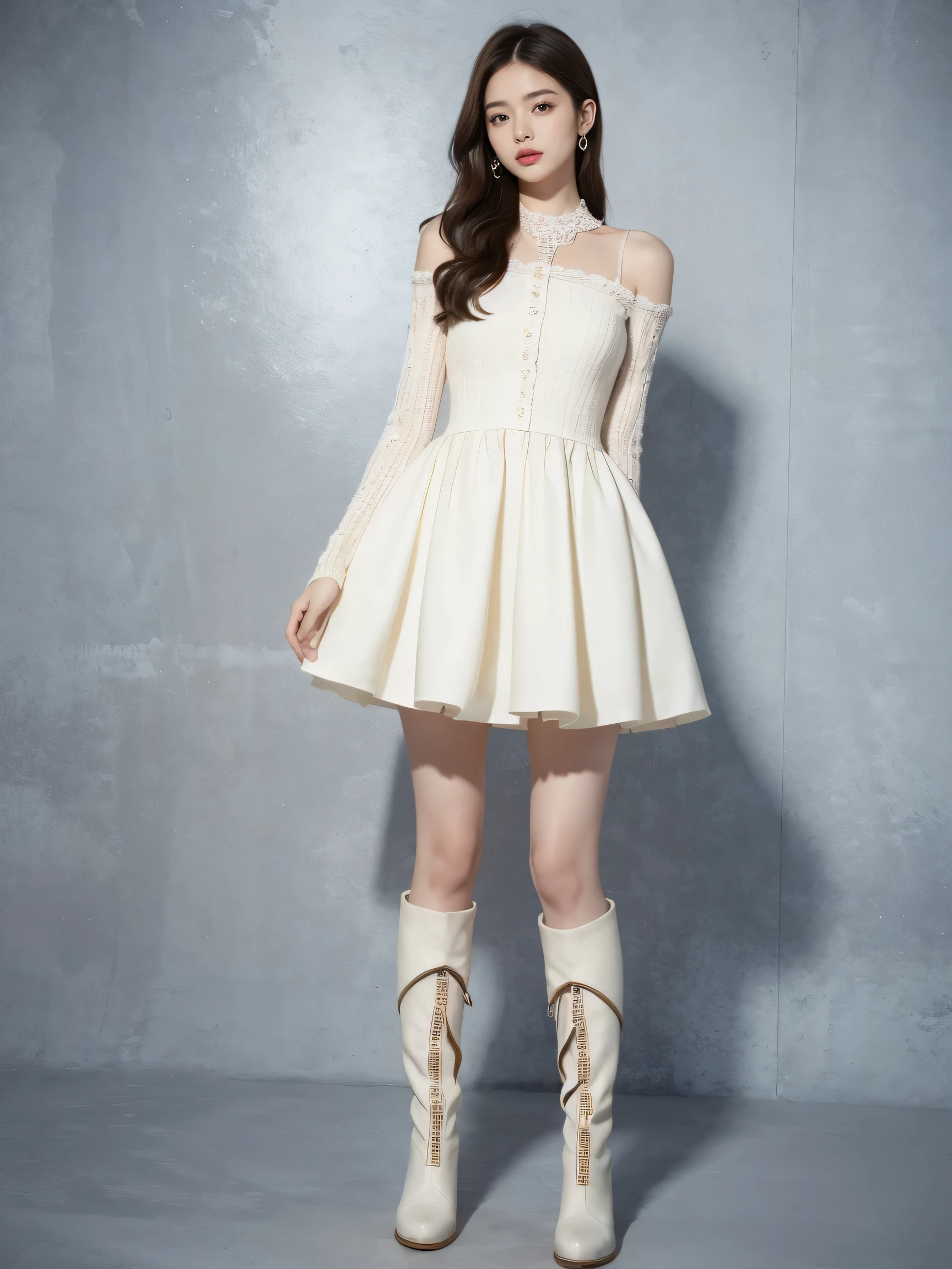 best quality,masterpiece,ultra high resolution,(actual:1.4),original photo,ultra high definition,8K,there is a girl,Chanel style dress,Winter,boots,Confident and beautiful,Gentle temperament,whole body,street,long legs