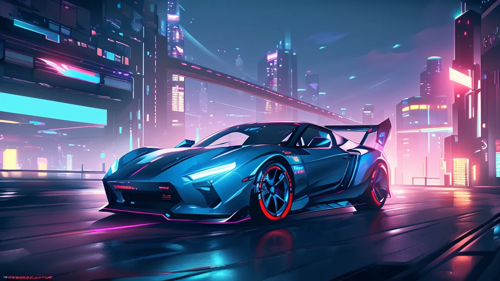 (red sports car, blue headlights, drift driving, car racing), (blue cyberpunk city, blue neon, the background is a cyberpunk-style night view of the city, cyberpunk vibe), (8k, extremaly detailed, lighting like a movie, lense flares)