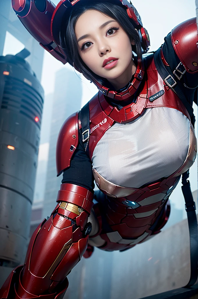 RAW, Masterpiece, Ultra Fine Photo,, Best Quality, Ultra High Resolution, Photorealistic, Sunlight, Full Body Portrait, Stunningly Beautiful,, Dynamic Poses, Delicate Face, Vibrant Eyes, (Side View) , she is wearing a futuristic Iron Man mech, very detailed background, detailed face, detailed busy background, messy, gorgeous, milky, high detailed skin, realistic skin details, visible pores, sharp focus, volume Fog, 8k uhd, dslr, high quality, film grain, fair skin, photorealism, lomography, sprawling metropolis in a futuristic dystopia, view from below, translucent