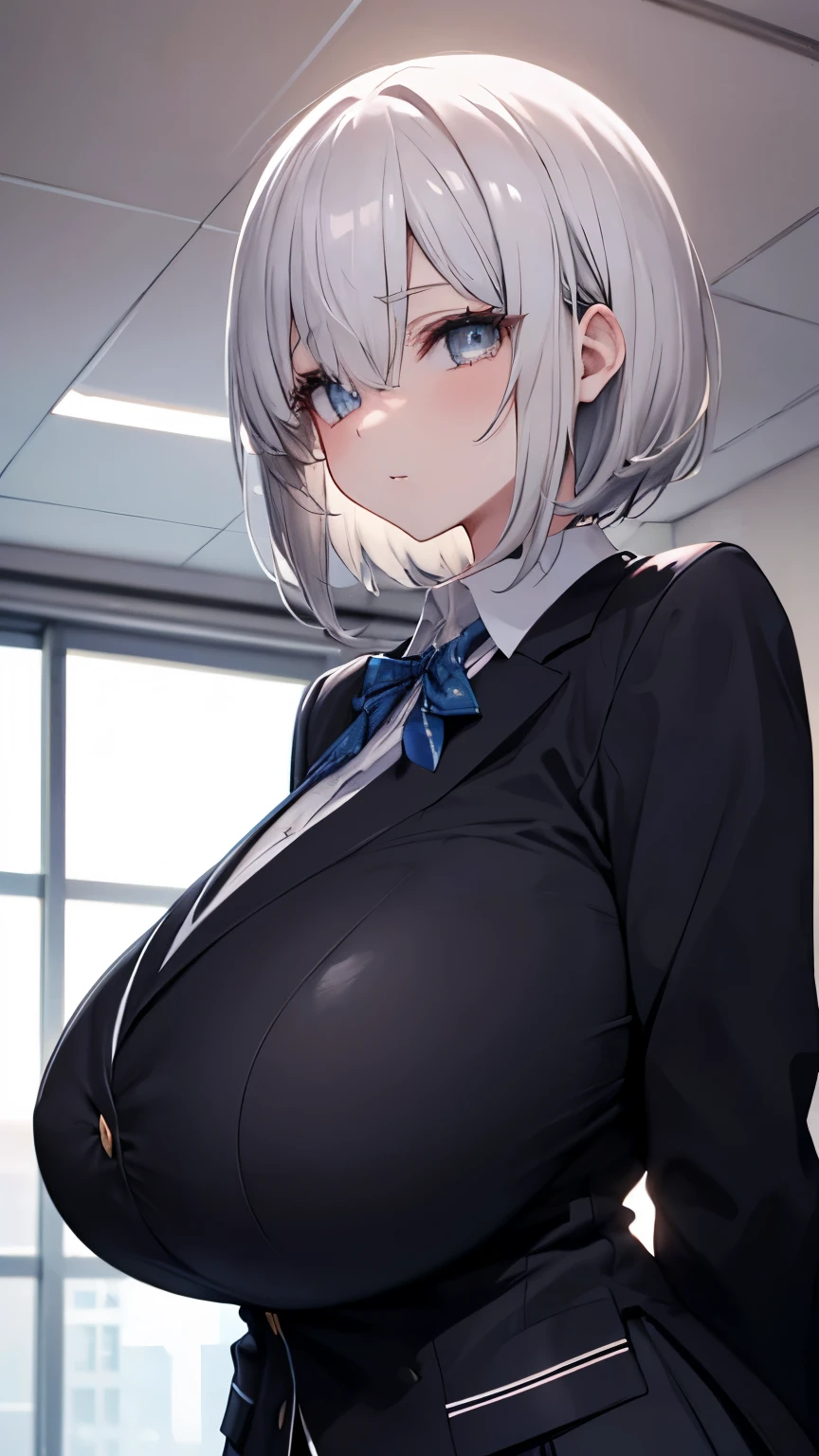 ((masterpiece)), ((best quality)), (ultra-detailed), ((extremely detailed)), 4K, (8K), best quality, (beautiful), ((beautiful eyes)), dynamic angle, ((((gigantic breasts)))), ((school uniform)), ((black blazer)), in health room, short hair, silver hair, ((arms behind back))