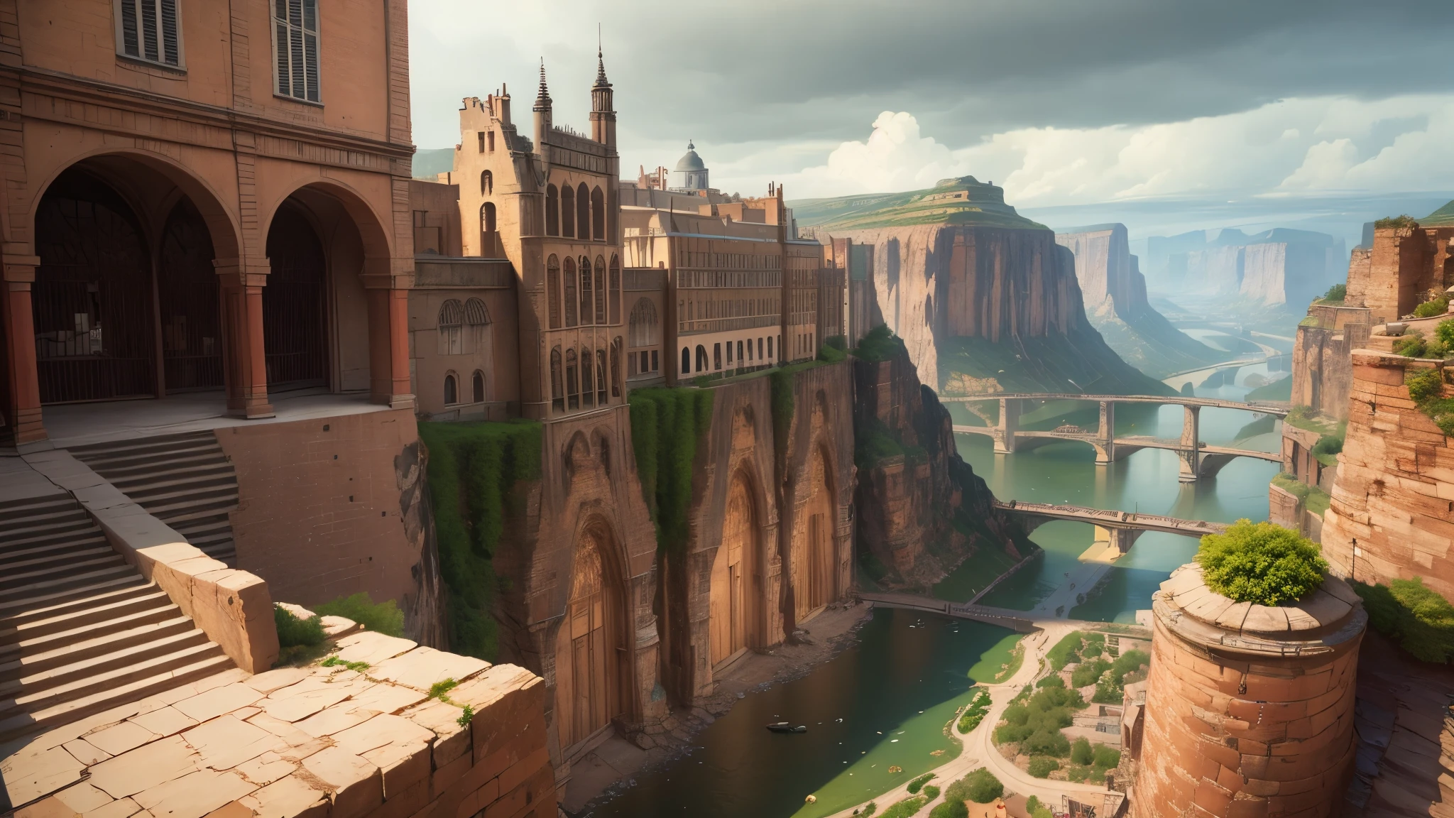 ((masterpiece)),((best quality)),((high detial)),((realistic,))
Industrial age city, deep canyons in the middle, architectural streets, bazaars, Bridges, rainy days, steampunk, European architecture