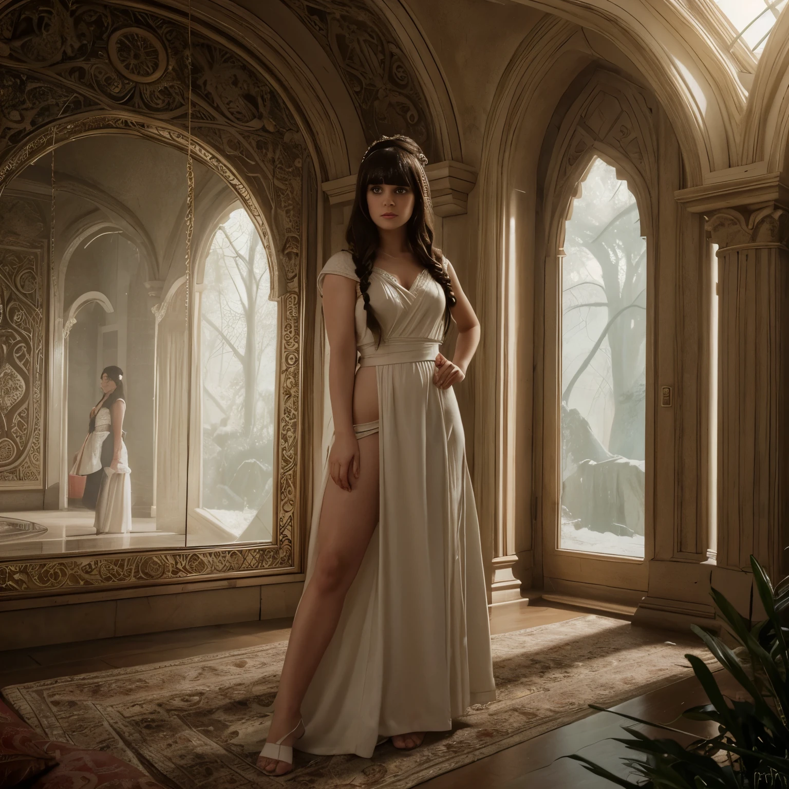 Zoey Deschanel, thick body, braided ponytail, elven room, fantasy picture, white toga