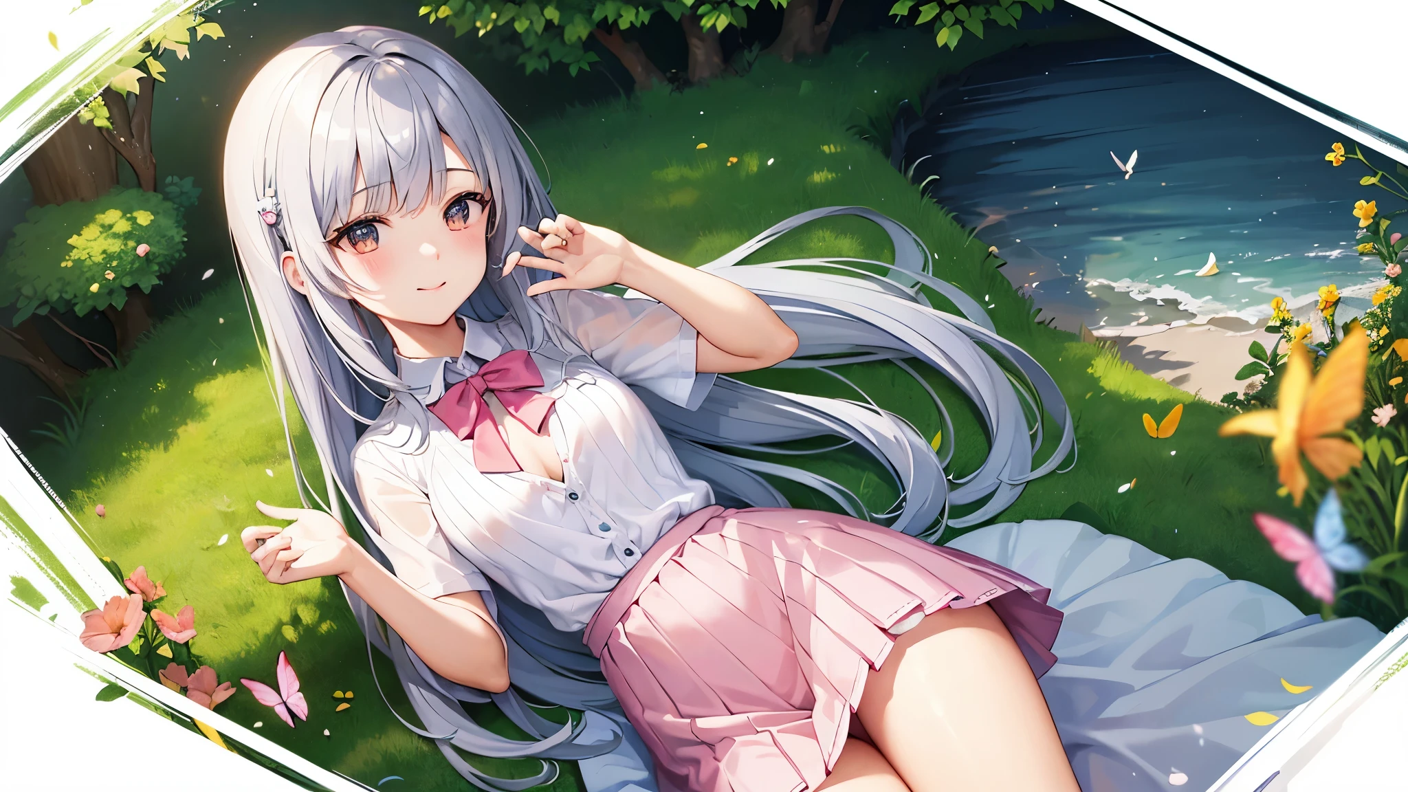 (highest quality、1.2、masterpiece:1.2)、Super detailed、real、HDR、UHD、professional、Portrait、fine art、anime、concept artist、colorful、（Lower school year of primary school）、bob haircut、medium long hair、Silver hair、sweet smile、((nipple))、beauty of nature、Surrounded by wildflowers in a meadow、enjoying the warm sunshine、A breeze rustling the air、adorable hair accessories、white shirt、pink skirt、A little bit of white panty is visible、playful atmosphere、Butterflies and birds fluttering around her、add a little whimsy