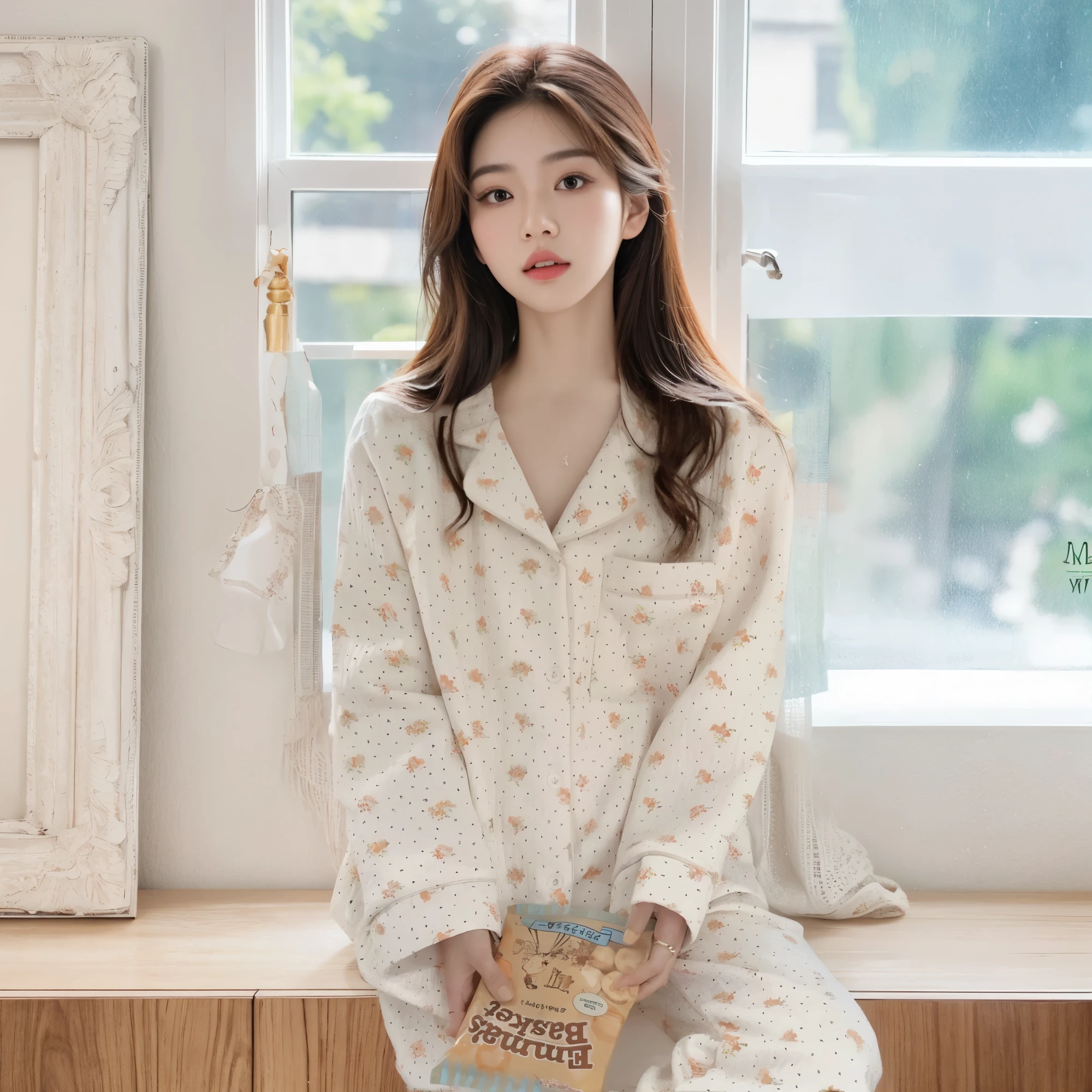 there is a woman sitting in bed with a teddy bear, wearing pajamas, wearing white pajamas, ruan cute vtuber, sleepwear, young and cute girl, dang my linh, cute girl, anime thai girl, very beautiful cute catgirl, wearing a baggy pajamas, satin, cute kawaii girl, pokimane, cute woman, beautiful cute, Best picture quality, masterpiece, ultra high resolution, 8k, cleavage, big boobs, bust detail, hair detail, eye detail, sharp eyes, thin smile, professional lighting