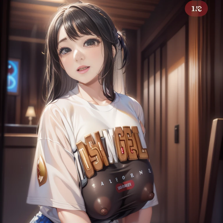 「highest quality、masterpiece、An illustration、very delicate and beautiful、very detailed、cg、8k wallpaper、wonderful、small details、masterpiece、最高の究極の芸術very detailed cg Unity 8k wallpaper」、japanese girl、(((huge breasts 1:1)))、(((Super Big 1:2)))、(((Pee)))、(((I can see your nipples)))、(((I can see your breasts)))、(((black hair)))、(((white t-shirt)))、(((smile)))
