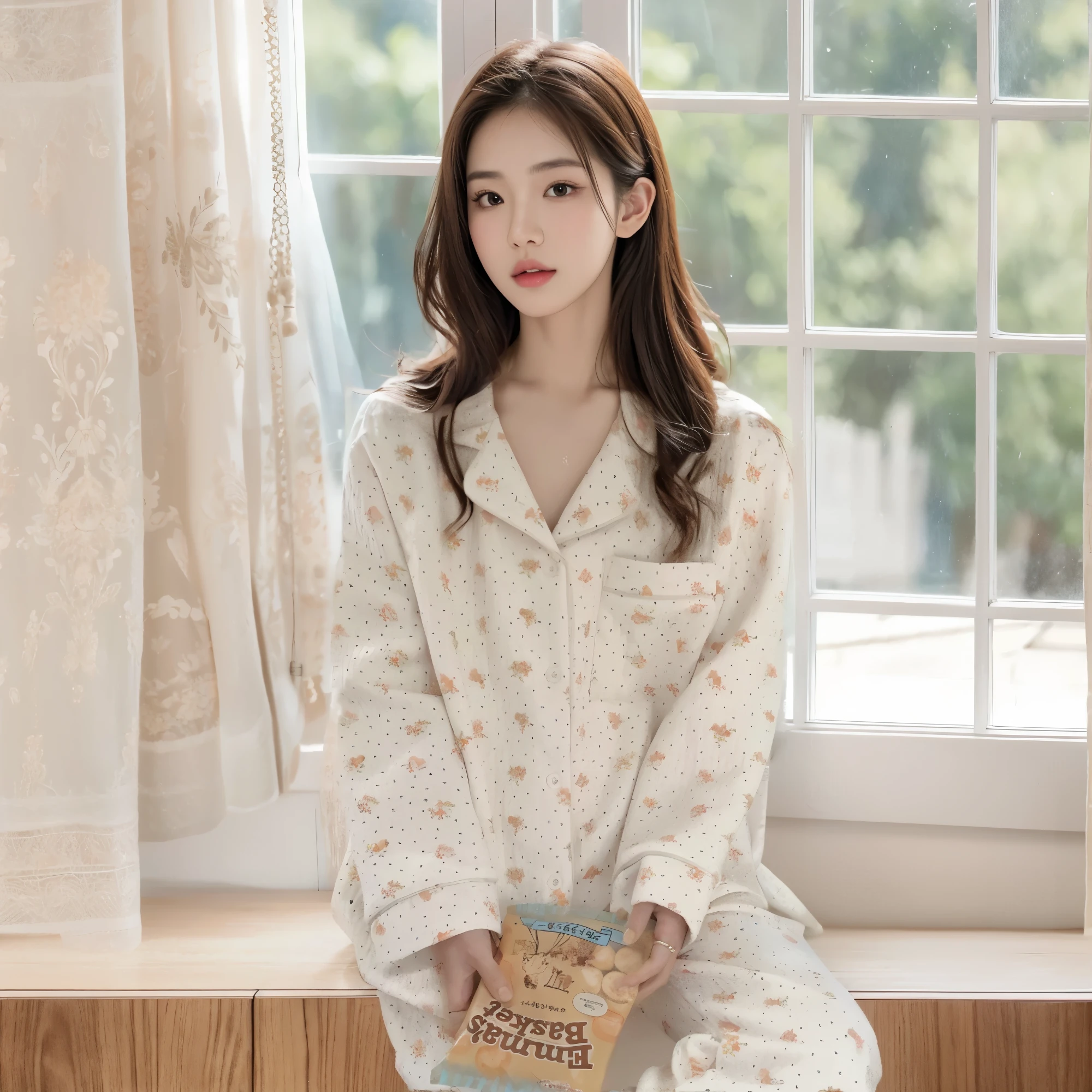 （In reality， high resolution：1.3, masterpiece, 8K, best quality, ultra detailed ）, Korean woman is sitting by the window wearing checkered pajamas, very beautiful face, (photo realistic:1.4), studio shoot,pictorial,photography,realistic eyes, Ultra-Detailed Face, Detailed Lips, normal hand, glossy lips, glossy face, simple background,looking at viewer,dramatic lighting