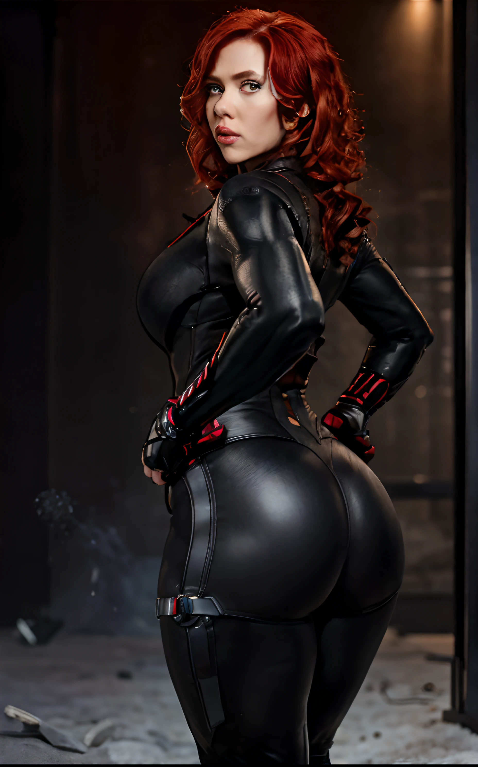 Stunning black widow, tight black suit, black widow suit, iron man 2 movie, red hair, masterpiece, 4 k ,high resolution photo, waist shot, ((droopy breast, skinny waist, thick thigh, wide hips, protruding ass)), perfect body proportion hourglass figure, butt to camera, avenger headquarter background , perfect lighting, realistic photo