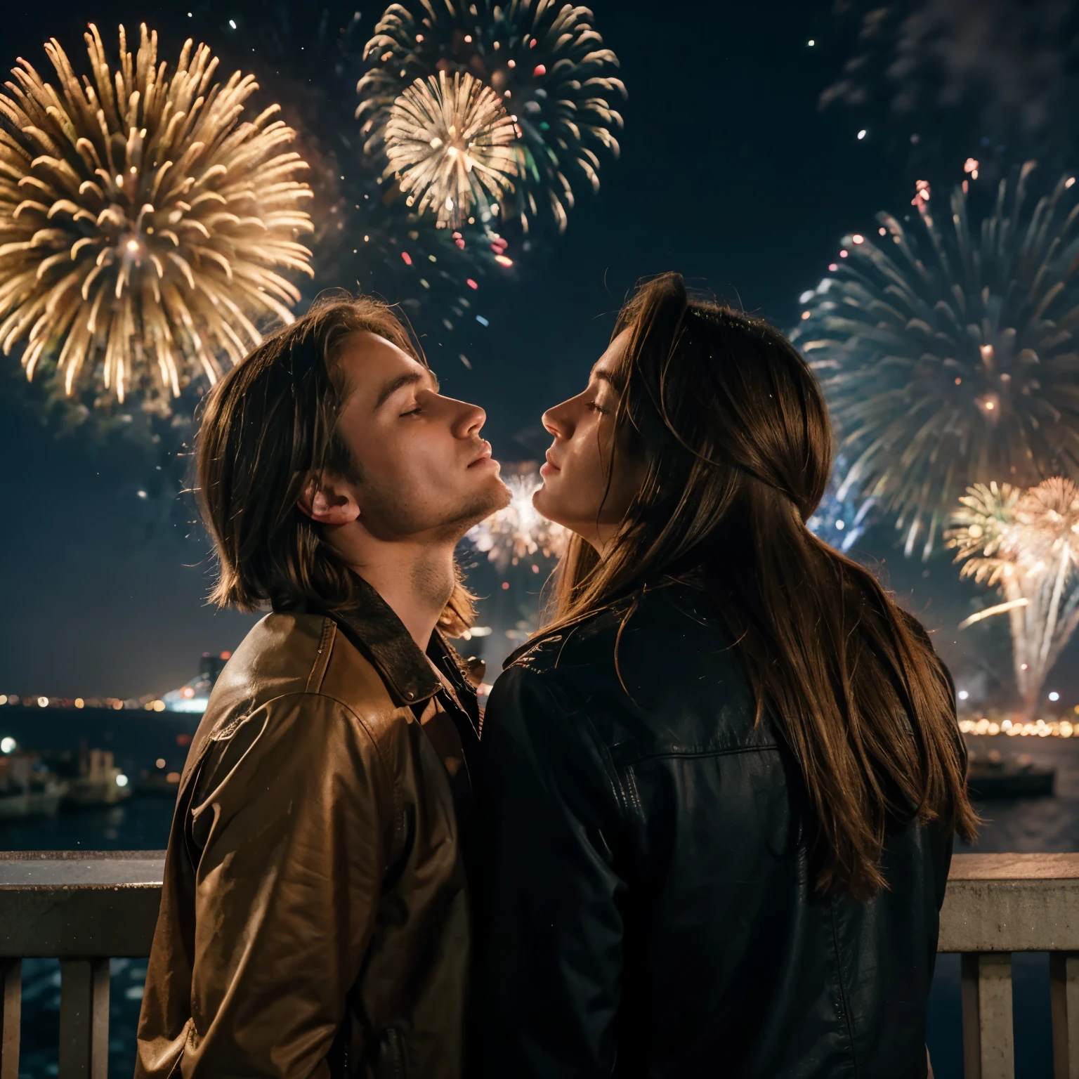 two men - tragic soulmates - looking up to the fireworks - one of them with long brown hair and other with short blonde hair esboço sem fundo e sem cor