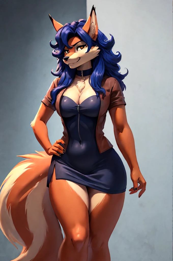 Carmelita Fox, chest, skin tight outfit, fangs, hand on hip, seductive, blue hair, simple background, short skirt, 1girl, masterpiece, realistic, best quality, ultra detail, ultra high res, extreme detail, highres, 8k