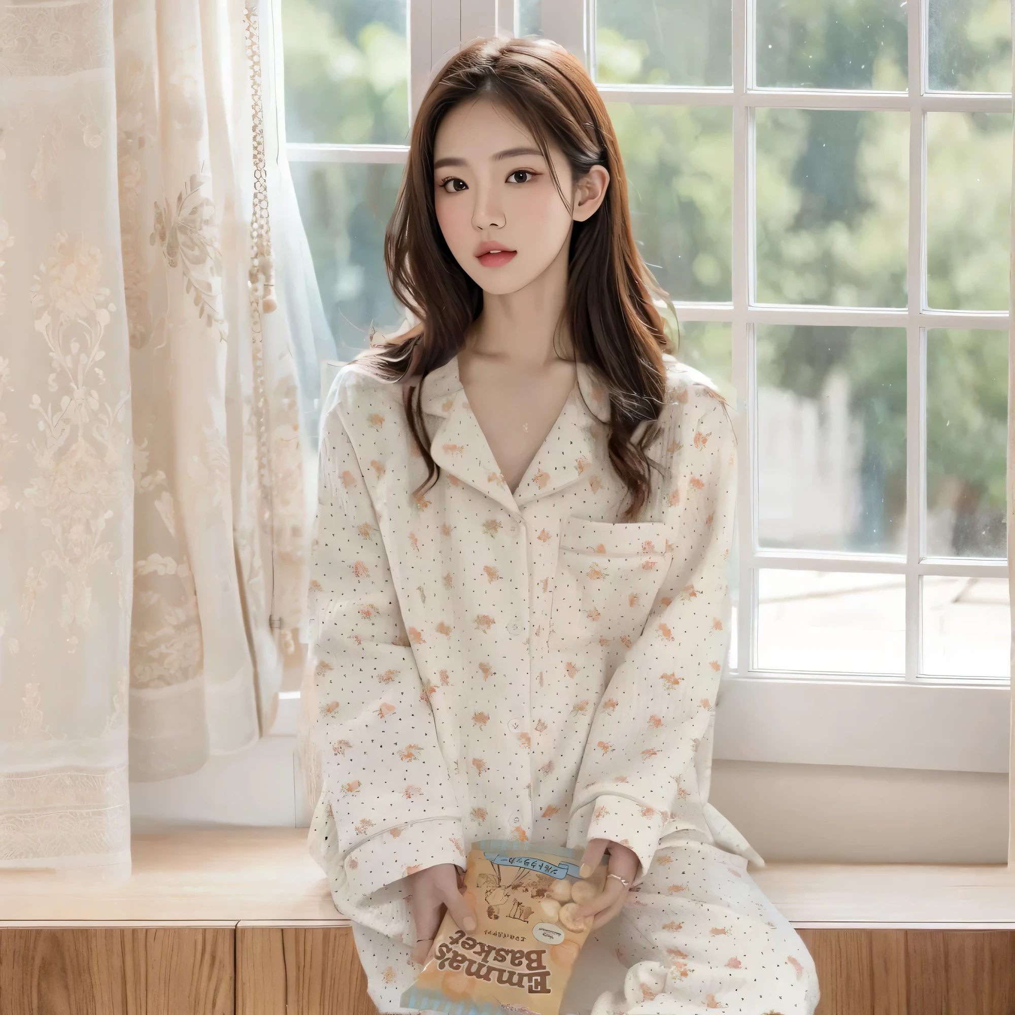 (Actually, high resolution:1.3, masterpiece, 8 thousand, best quality, ultra detail ), A Korean woman is sitting by the window wearing checkered pajamas, very beautiful face, (photo realistic:1.4), studio shoot,pictorial,photography,Realistic eyes, very detailed face, detailed lips, normal hand, shiny lips, Glossy face, simple background,looking at viewer,dramatic lighting