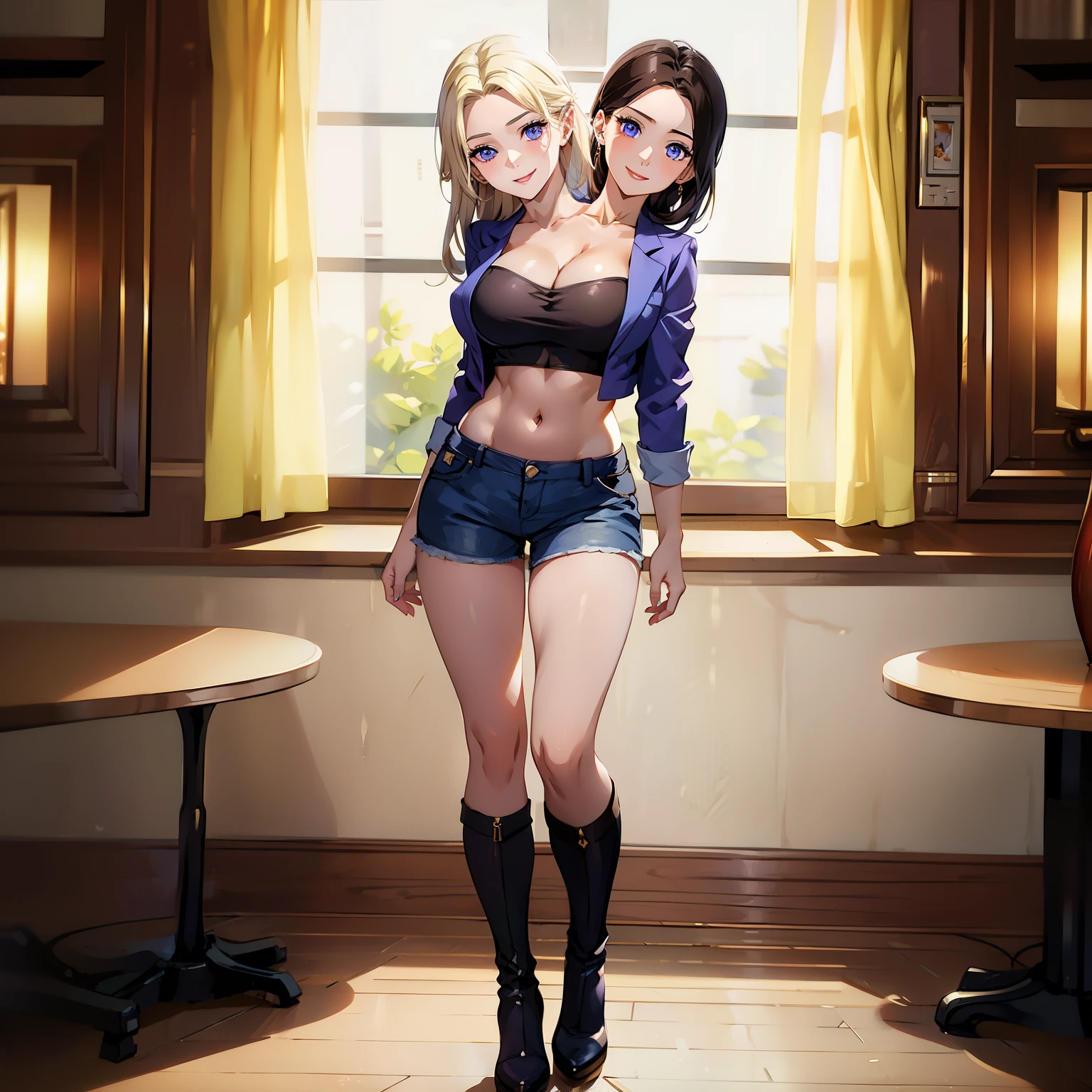 best quality, (masterpiece),(ultra-detailed), (high quality), (high resolution), (2heads:1.5) blonde hair, brown hair (larger breasts), cleavage, full body,best quality:1.5, highres, UHD, 4K), smiling, ((purple blazer over a white crop top)), blue jeans, wearing heeled boots, ((full body)), (detailed glowing blue eyes), (mature woman), casual dress, sexy proportions, (exposed midriff), thighs, Beautiful girl with accentuated slender abs, eyeshadow