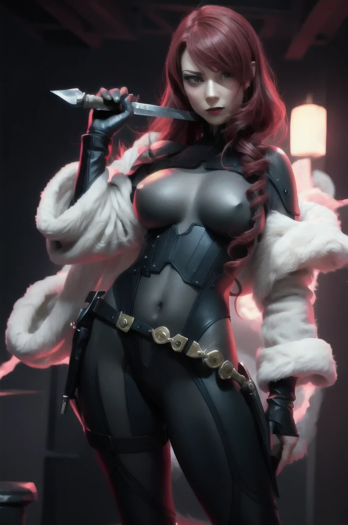 a woman with red lipstick has armor on and is holding a sword, kirijou mitsuru, 1girl, solo, hair over one eye, long hair, (((red hair))), (((red eyes))), weapon, rapier, sword, bodysuit, black bodysuit, grey bodysuit, hand on hip, (((large breasts))), simple background, white background, (purple theme:1.2)