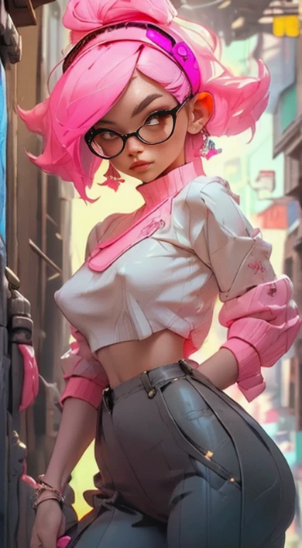(Best quality), (masterpiece), (realistic) and ultra-Detailed photo of cute 1 nerdy girl in futuristic neon headphones with plastic fox ears on them, She has a (fluffy pink hair), is wearing an leather (unbuttoned) pink-Black racing jacket on a naked body, leather tight shorts, and exudes a ((beautiful and aesthetic)) vibe, ((huge open erect tits)), (erect nippleslips) , open chest, open tummy, sexy body , detailed pupils and iris of eyes, long eyelashes, Embarrassed and lustful smile,ctmp
