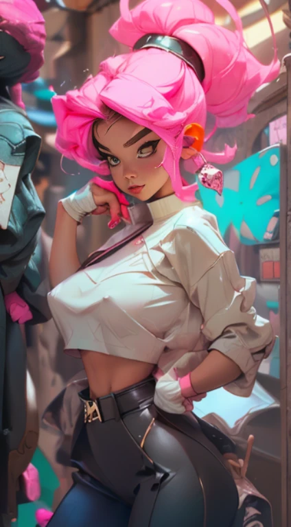 (Best quality), (masterpiece), (realistic) and ultra-Detailed photo of cute 1 nerdy girl in futuristic neon headphones with plastic fox ears on them, She has a (fluffy pink hair), is wearing an leather (unbuttoned) pink-Black racing jacket on a naked body, leather tight shorts, and exudes a ((beautiful and aesthetic)) vibe, ((huge open erect tits)), (erect nippleslips) , open chest, open tummy, sexy body , detailed pupils and iris of eyes, long eyelashes, Embarrassed and lustful smile,ctmp
