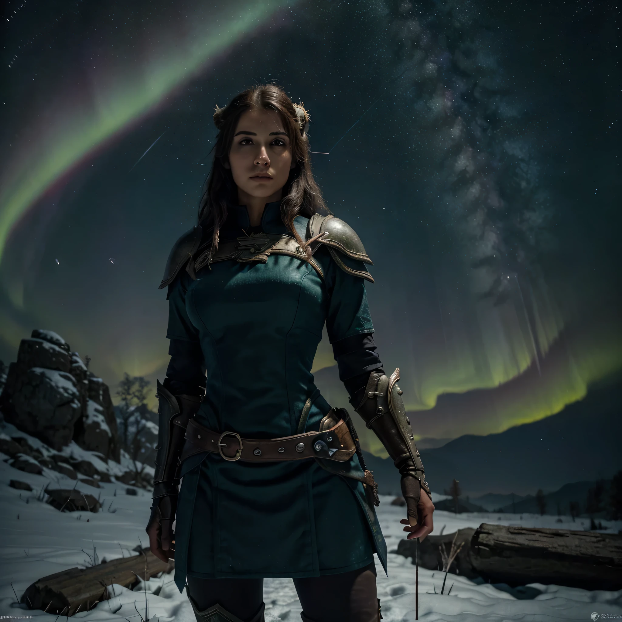obra de arte, melhor qualidade, um personagem do video game skyrim, starry sky, mulher vestindo uma armadura curta, aurora borealis in the sky, the elders scrolls skyrim, vestido vermelho seda