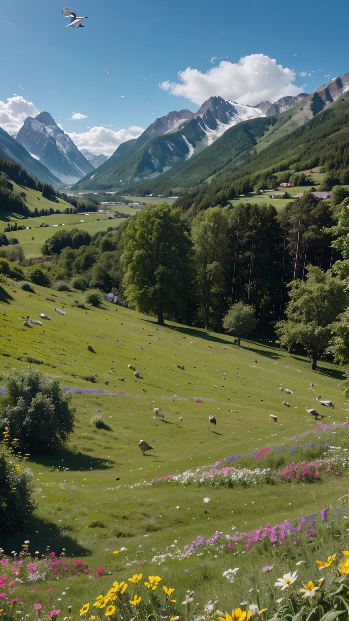Create beautiful landscapes full of flowers and vibrant greenery, with 8k resolution. Beautiful mountains with birds