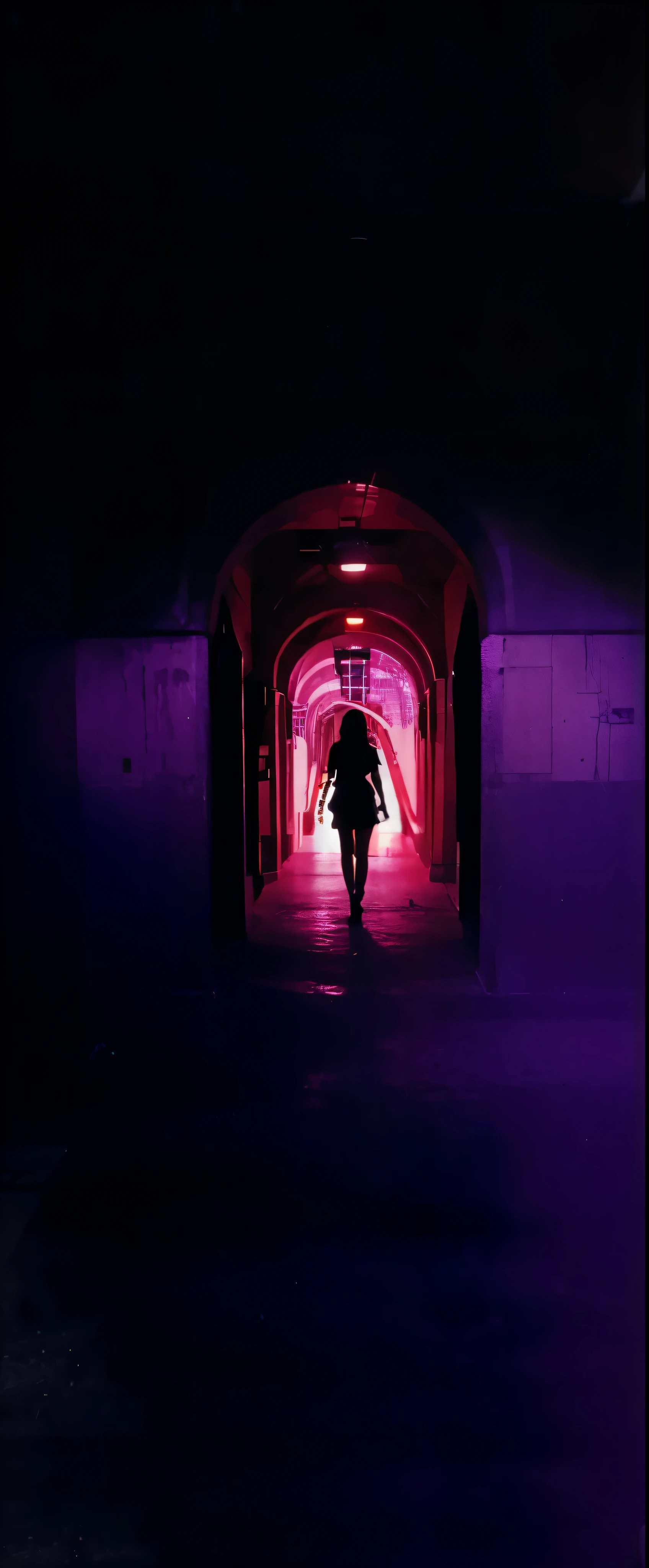 cinematic, a woman walks into an ominous fleshy hallway towards a hellish disco nightclub, photorealistic, 4k, movie poster