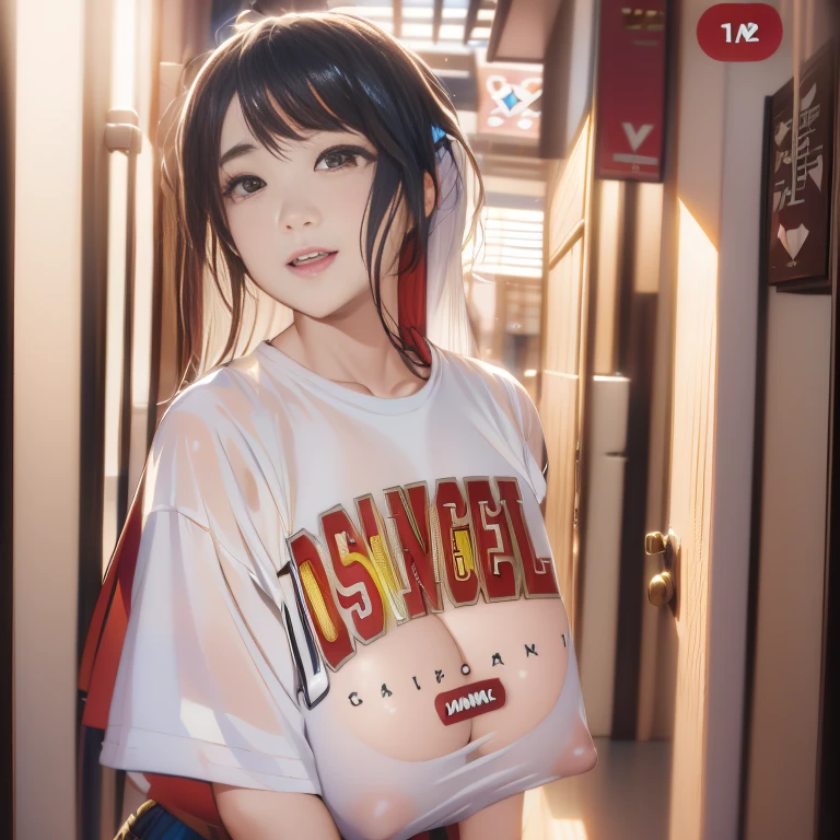 「highest quality、masterpiece、An illustration、very delicate and beautiful、very detailed、cg、8k wallpaper、wonderful、small details、masterpiece、最高の究極の芸術very detailed cg Unity 8k wallpaper」、japanese girl、(((huge breasts 1:1)))、(((Super Big 1:2)))、(((Pee)))、(((I can see your nipples)))、(((I can see your breasts)))、(((black hair)))、(((white t-shirt)))、(((smile)))