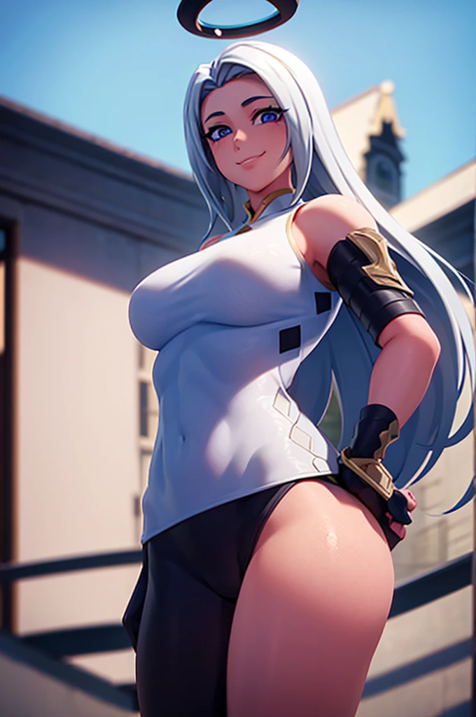 Ark, 1girl, solo, long hair, looking at viewer, smile, breasts, city background, butt, bare shoulders, teeth, tight shirt, short sleeves, closed mouth, black t-shirt,portrait, shorts, skin tight outfit, seductive, realistic, best quality, masterpiece, ultra detail, ultra high res, extreme detail, 8k