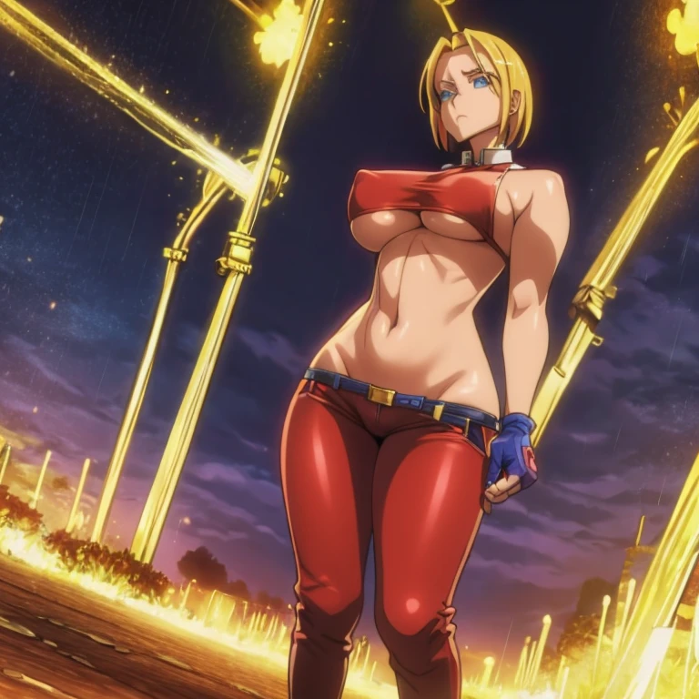 (obra maestra, Mejor calidad:1.2), tiro de vaquero, Solo, 1 chica, blue mary, libidinoso, boca cerrada, Mirando al espectador, es, Caderas anchas, camisa, correa, sentadillas, piernas aparte, cielo azul, ???????, pechos grandes, red latex boots, red latex gloves, ??????? sin censura, ??????, micro ?????? ?????