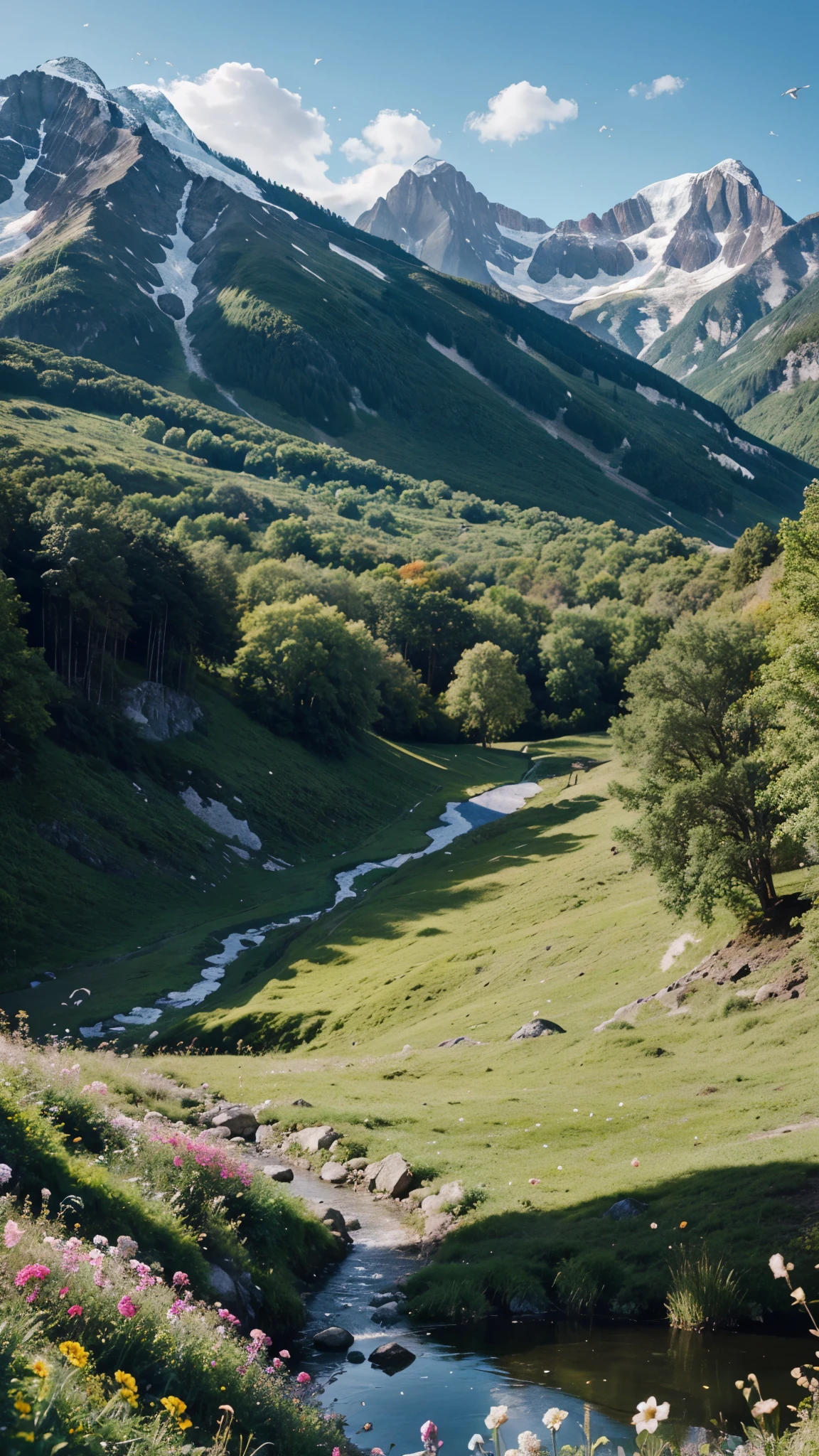 Create beautiful landscapes full of flowers and vibrant greenery, with 8k resolution. Beautiful mountains with birds 