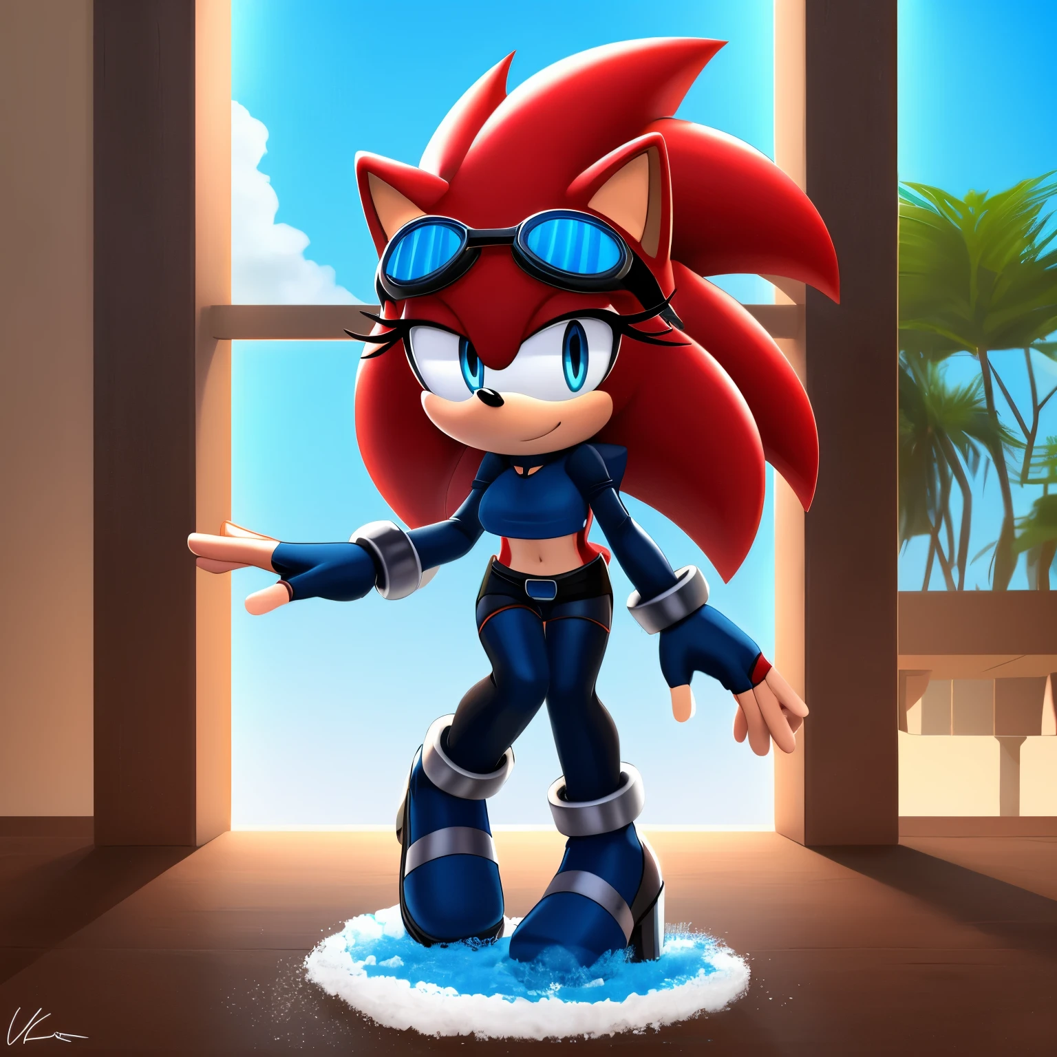 Female, Mobian, Hedgehog, crimson red fur, blue eyes, blue crop top with boob window, long black sleeves, fingerless blue gloves with black cuffs, blue tights, black waistband, blue heeled sonic soap shoes, black goggles with blue lenses, very long wavy quills, ((solo)), ((1girl))